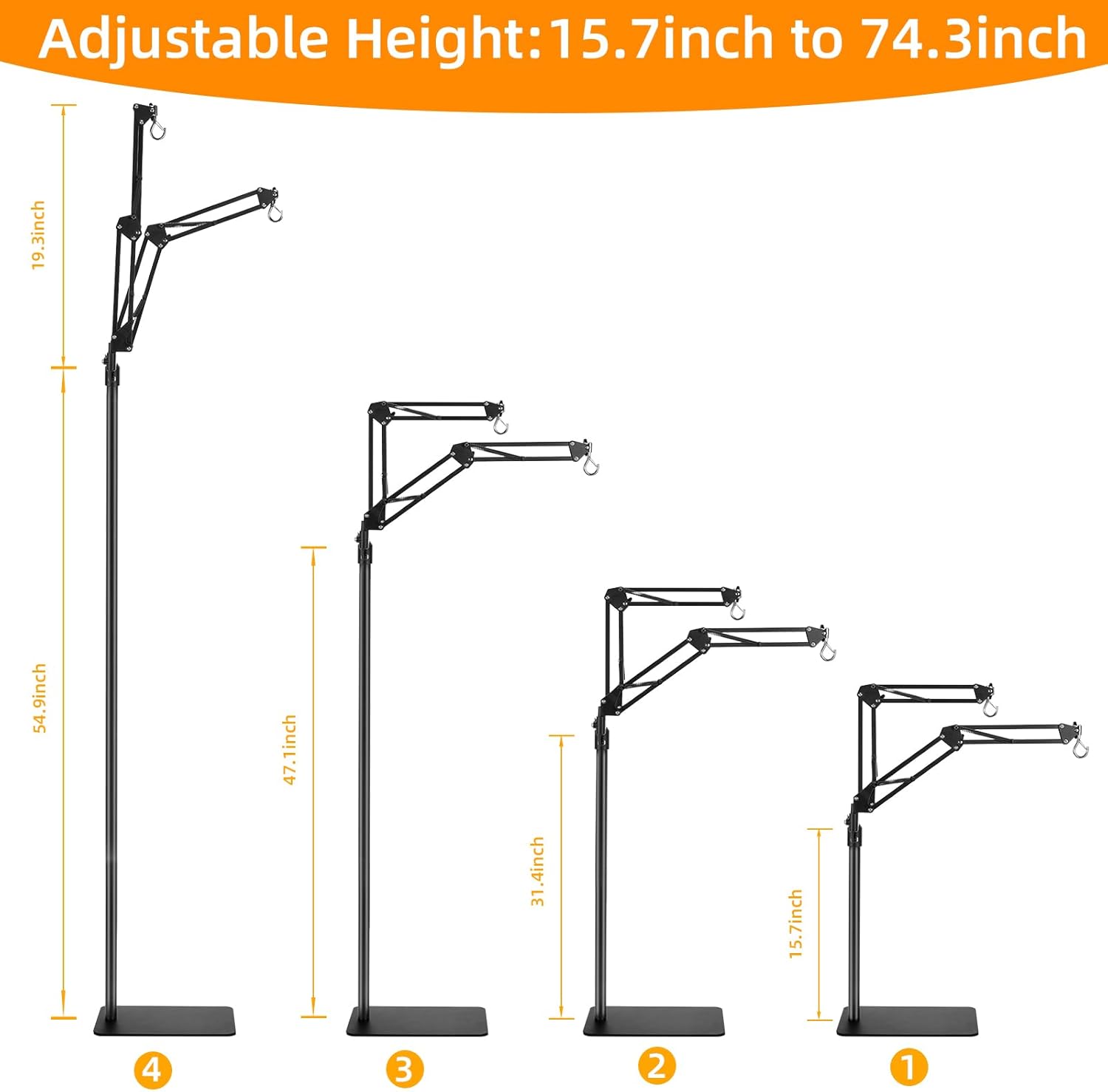 Dual Reptile Heat Lamp Stand, Adjustable Reptile Light Stand (15.7-74.3inch) with 360° Swing Arm and Anti-tip Clip, Lamp Holder for Terrarium, Amphibians Cage and Plants