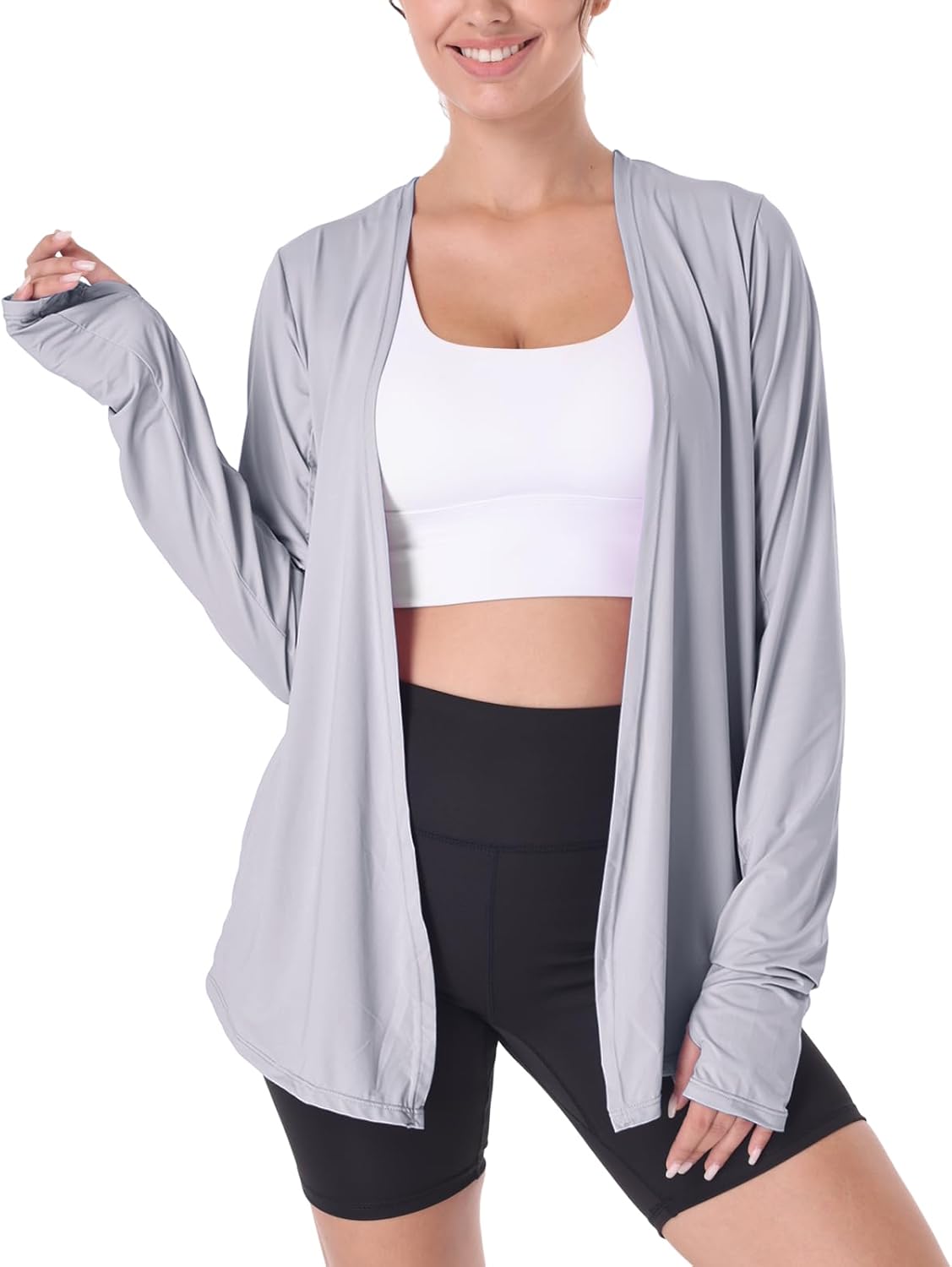 Size L Womens Lightweight Summer Cardigan Rash Guard UPF 50+ Long Sleeve UV SPF Shirt with Pockets Thumb Hole Grey Large