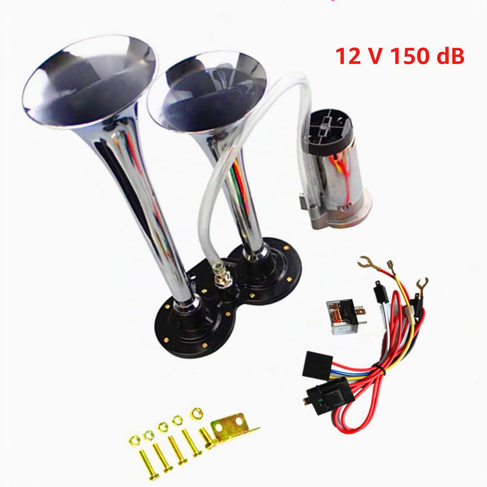 Trompette d'air trompette pour camion de voiture corne 150DB trompette d'air pour voiture Zinc chromé double corne d'argent avec compresseur alarme de voiture Air Horn pour 12 V Bateau Voiture