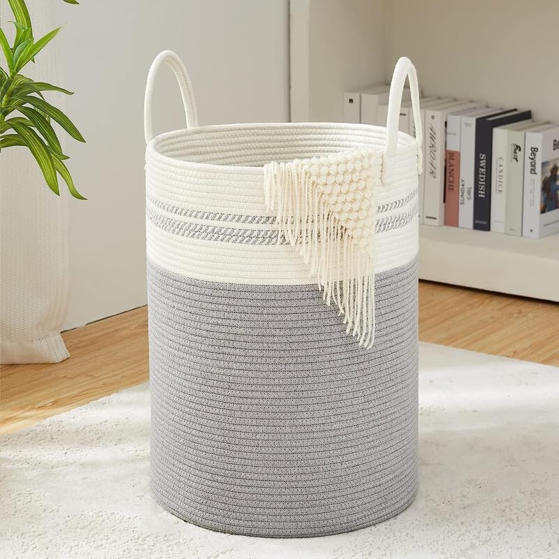Image of Storage Rope Laundry Hamper Basket for Clothes, Towels and Blankets in Livingroom, Bedroom, Laundry Room and Basket for Nursery Storage (Size - 14 inch x 14 inch x 18 inch) (Grey White Mix)