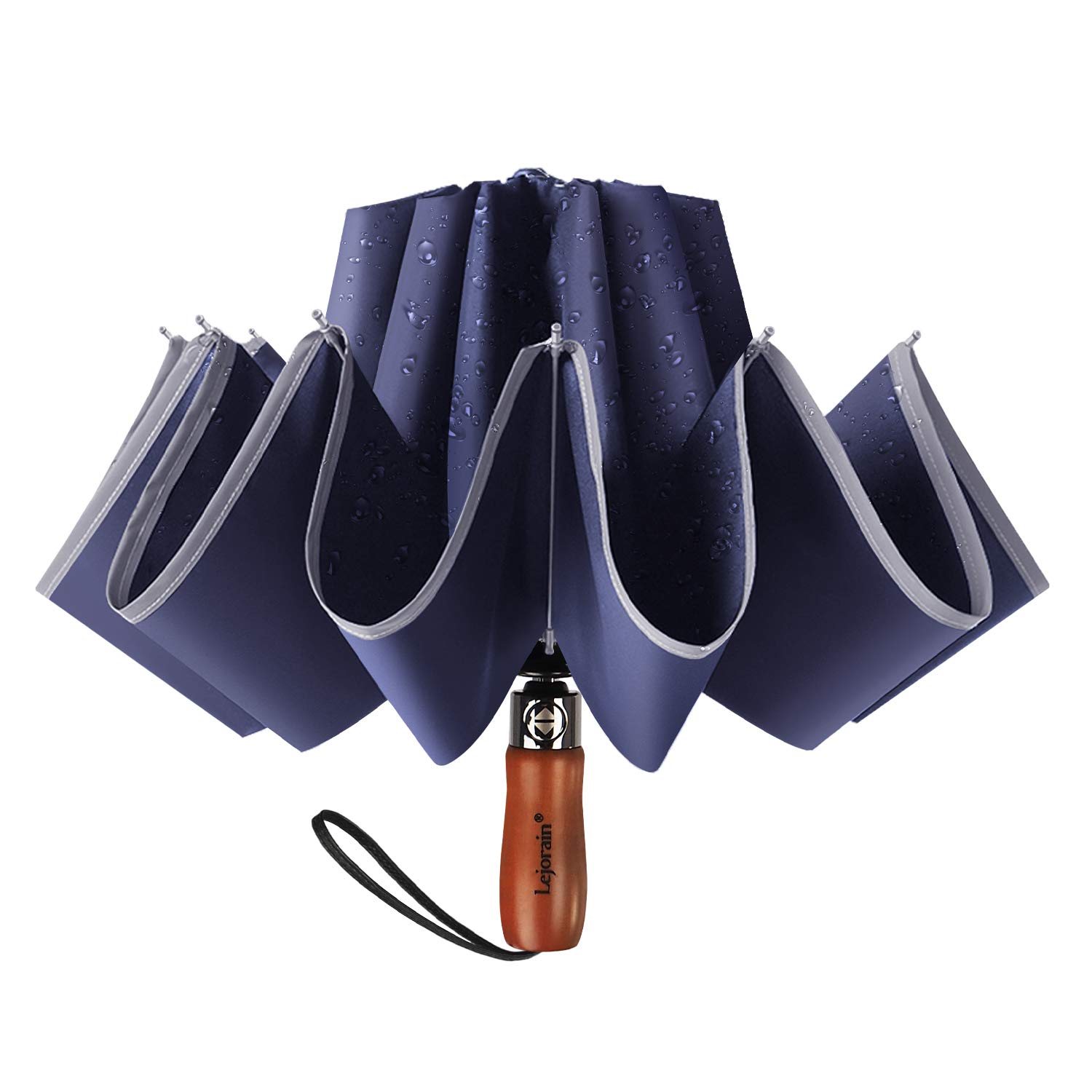 LejorainLarge Reverse Umbrella -50 Inch Windproof Folding Inverted Umbrella - Upside Down with Safety Reflective Strip