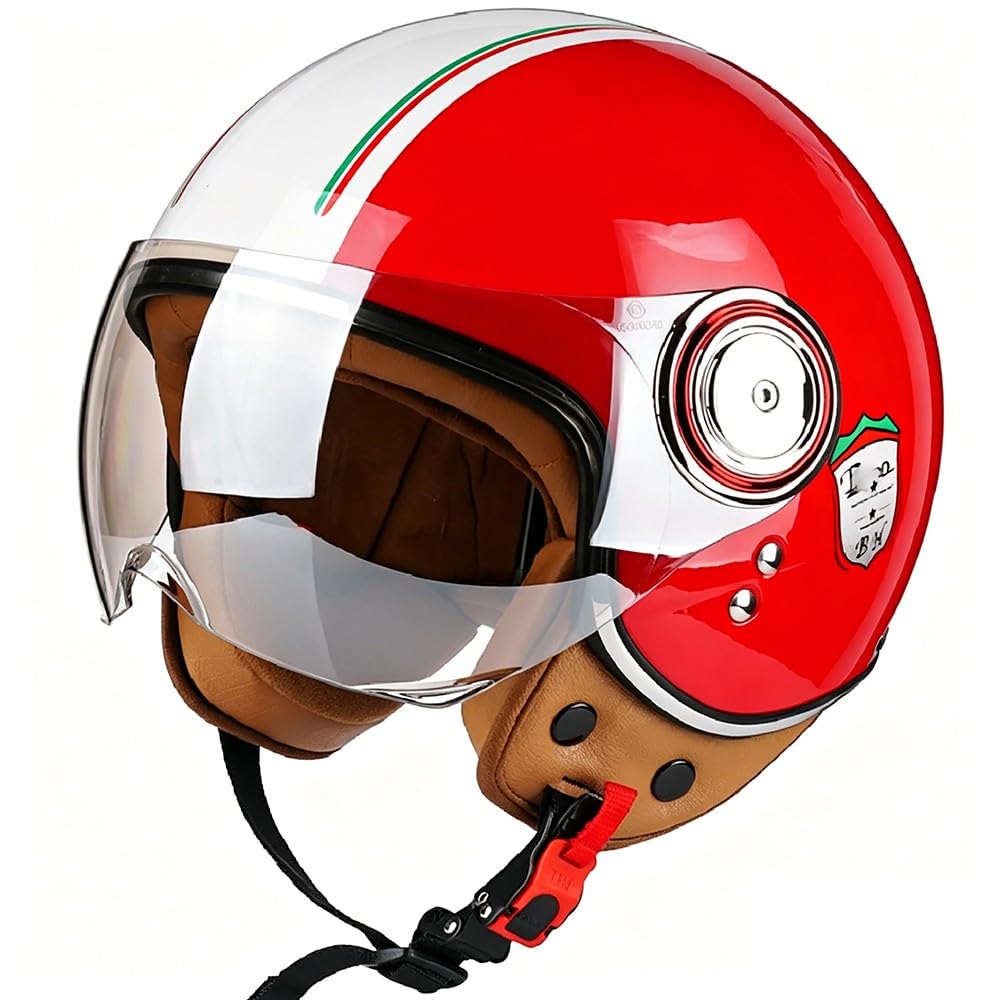 WZGGTEAM Open Face Motorcycle Half Helmet, Scooter Motorbike Crash Jet Helmet for Men and Women with Sun Visor, Road Legal ECE22.05 Approved Retro Style Motorbike