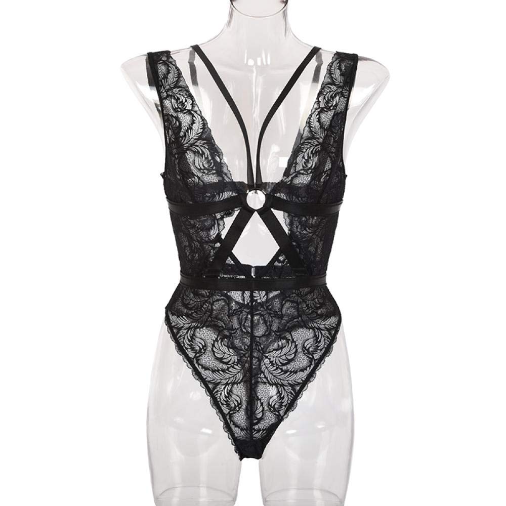 HODAGES Conjuntos de Ropa de Dormir y Bata para Mujer, Ropa Interior de Encaje con Busto Fino, Cuello en V, Seductora, de una Pieza para Mujer (Negro pequeño)