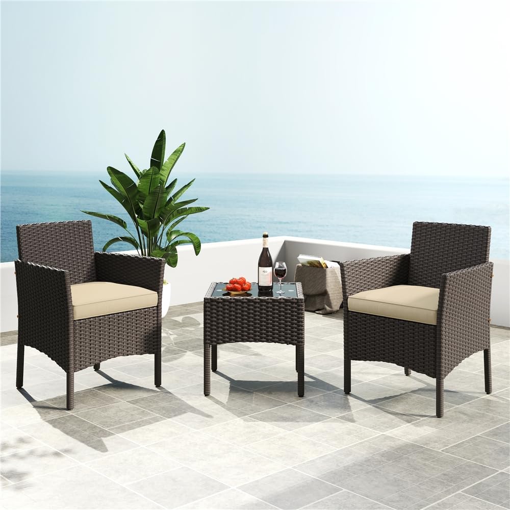 Yaheetech Set Mobili da Giardino 2 Poltrone e 1 Tavolino in Rattan PE Impermeabile Marrone