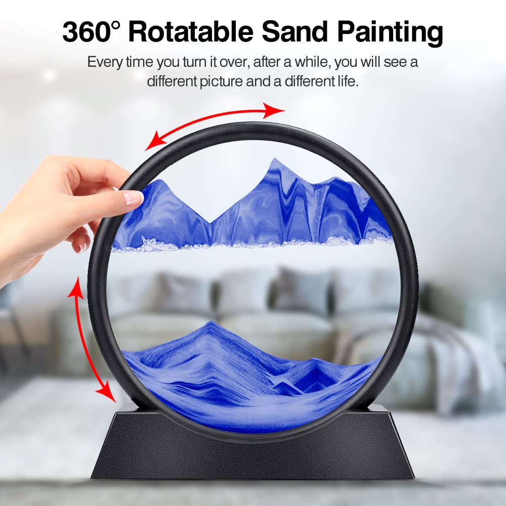 Ornement de bureau d'art de sable en mouvement, ornement de peinture de sables mouvants 7/12 pouces image d'art de sable 3D en mouvement sablier rond en verre paysage de sable de mer profonde en mouve