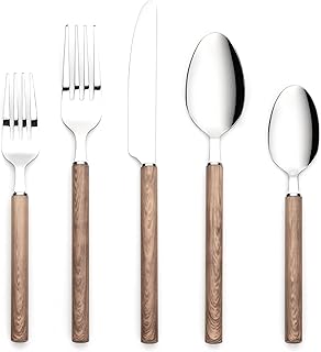 20 Piece Walnut Faux Wooden Handle Flatware Set For 4,Ornative Ivy Silverware Include Knifes, Forks, Spoons, Stainless Ste...