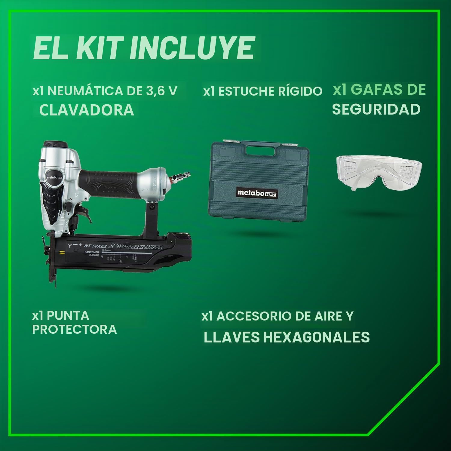 Metabo HPT Clavadora Brad NT50AE2 - Clavadora neumática ligera para trabajos de corte de precisión y construcción de muebles, profundidad ajustable, calibre 18, clavos de 5/8 pulgadas hasta 2 pulgadas