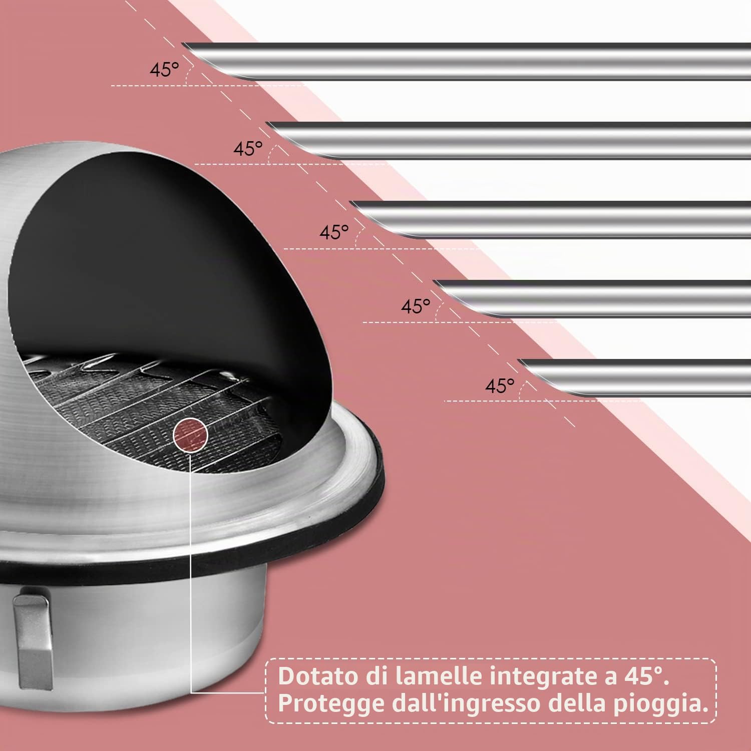 WeCooper Griglia di ventilazione da 100 mm, in acciaio inossidabile 304, con estrattore tondo a punta semicircolare, copertura della ventola a 4 pollici, con alette, zanzariera e deflettore antigoccia