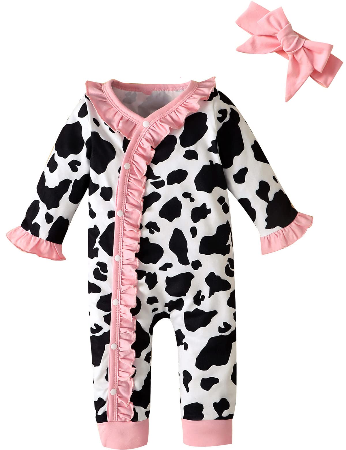 HappidooNewborn Cow Print Clothes Romper Baby Girl Cow Outfit Jumpsuit, White, 6-12 Months