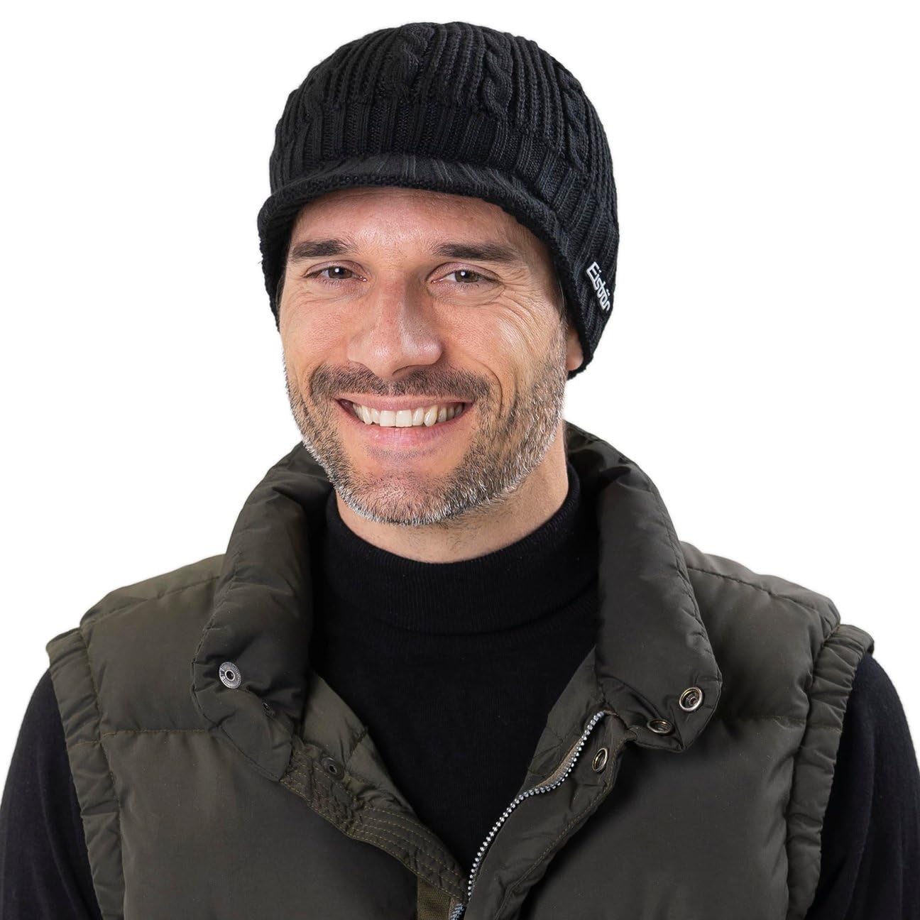 Eisbär Agor Pull-On Strickmütze Damen/Herren - Made in the EU Zopfstrickmütze Strickschirmmütze mit Schirm, Schirm Winter Herbst-Winter