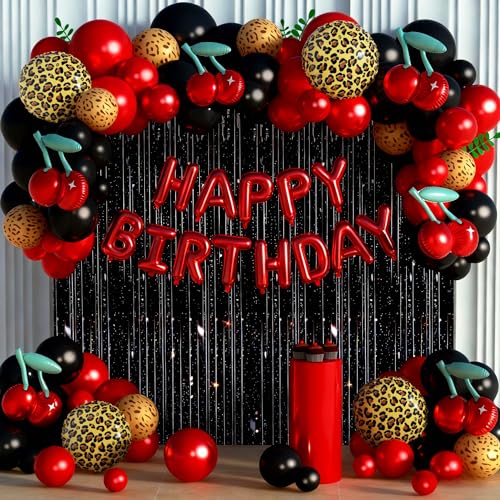119Pcs Red Cheetah Print Birthday Decorations Balloons Kit Black Red Cherry Leopard Print Balloons Birthday Foil Banner and Laser Fringe Curtain for Girls Women