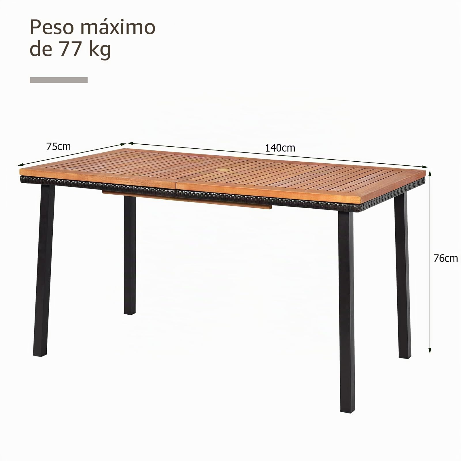 GOPLUS - Mesa de jardín al aire libre, mesa de comedor de madera con agujero de sombrilla, ideal para terraza, patio, piscina, 140 x 75 x 76 cm