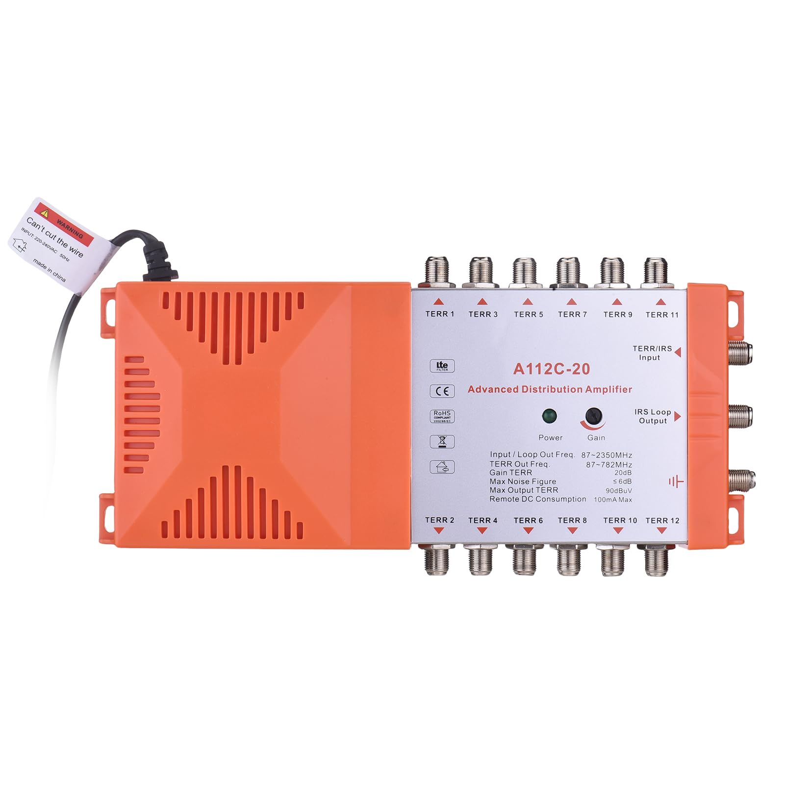 Walmeck Amplificatore di Distribuzione Compatibile IRS, Amplificatore a 12 Guadagna 20 Db per Segnali TV e Radio Deboli, a Basso Rumore, Filtro 4G, Montato a Parete, Loop-Through IRS (Plug 230V)