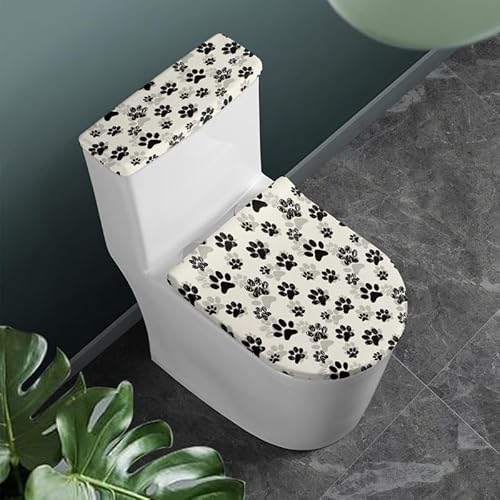 Daulesho Beige Dog Paw Bathroom Toilet Seat Cover Set Retro Puppy Cat Paws Toilet Lid Cover & Tank Cover Cartoon Animal Footprint Indoor Universal Fit Toilet Decoration
