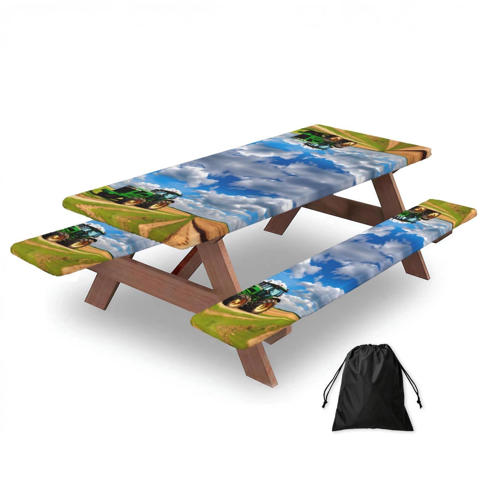 Tractor Under Blue Sky And White Clouds Print 3 Pack Wipeable Picnic Bench Cover And Table Cover Lightweight Table Cloth For Camping Outdoor