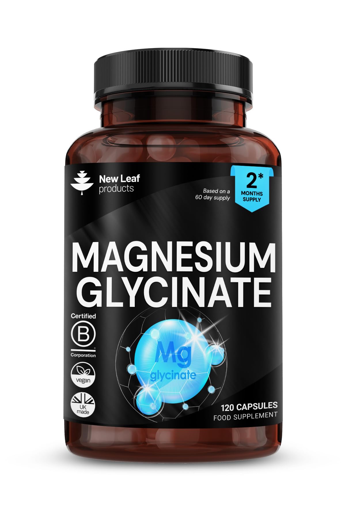 Magnesium Glycinate Supplements - 1040mg of Magnesium - 120 High Strength Capsules Providing 208mg Elemental Per Serving - Pure Active Ingredient - UK Manufactured by New Leaf Products