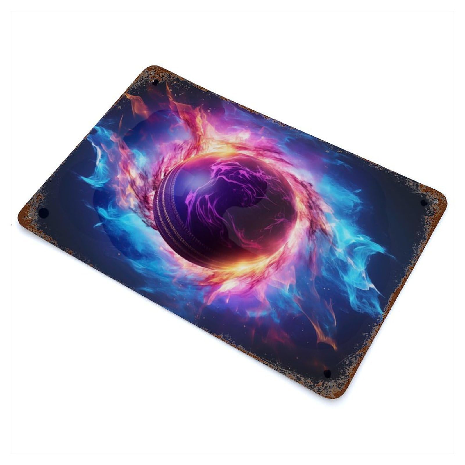 Flame Engulfs Cricket Ball Rustic Tin Plaque 11.8"x7.9", Ideal for Cafe, Home Bar And Lounge Decor