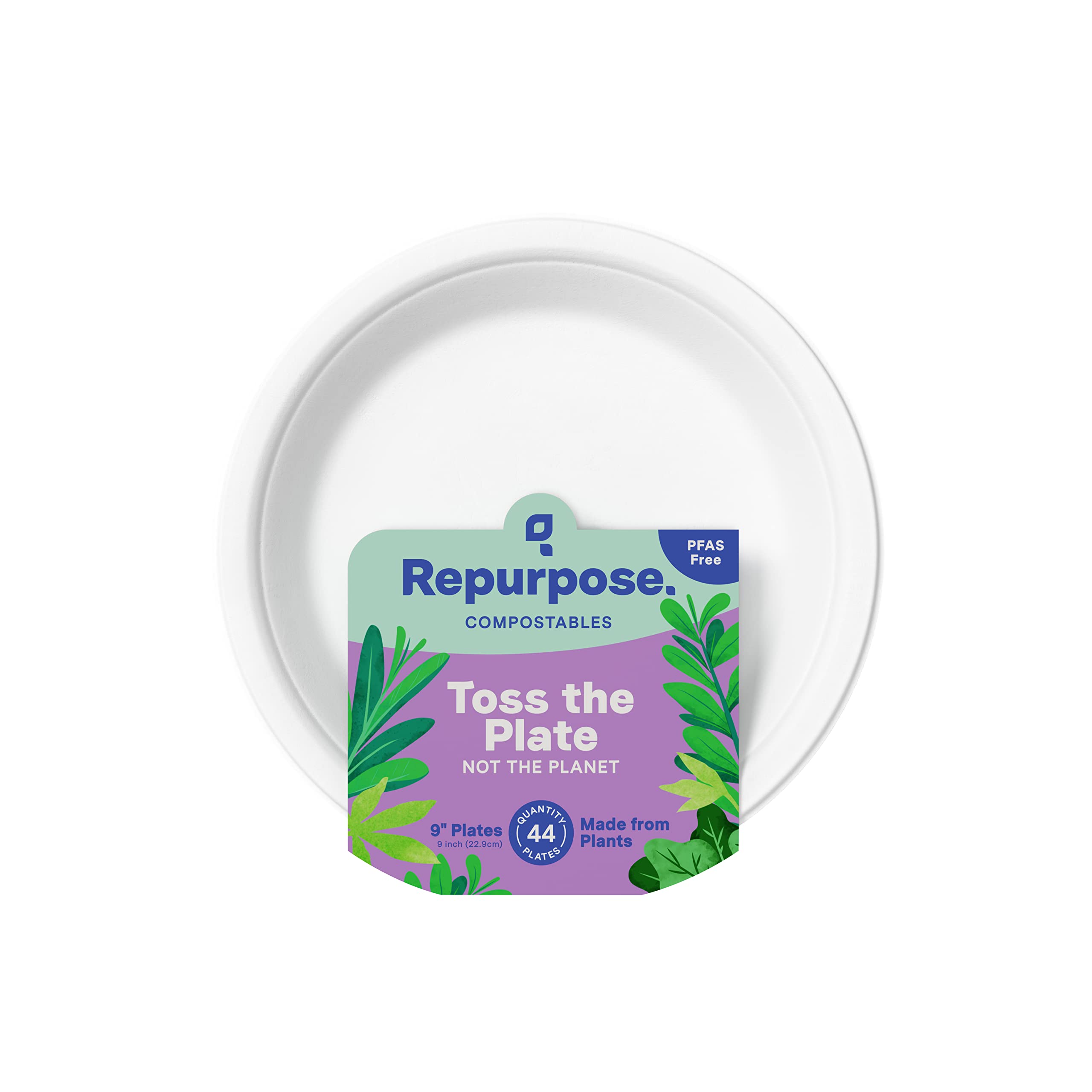 Repurpose Compostables 9 Inch Compostable Plates, Heavy Duty Paper Plates Microwave Safe and Freezer Safe, Leak-Resistant, Plant-Based Plastic and Paper Plate Alternative, White, 44 Count, 1 Pack
