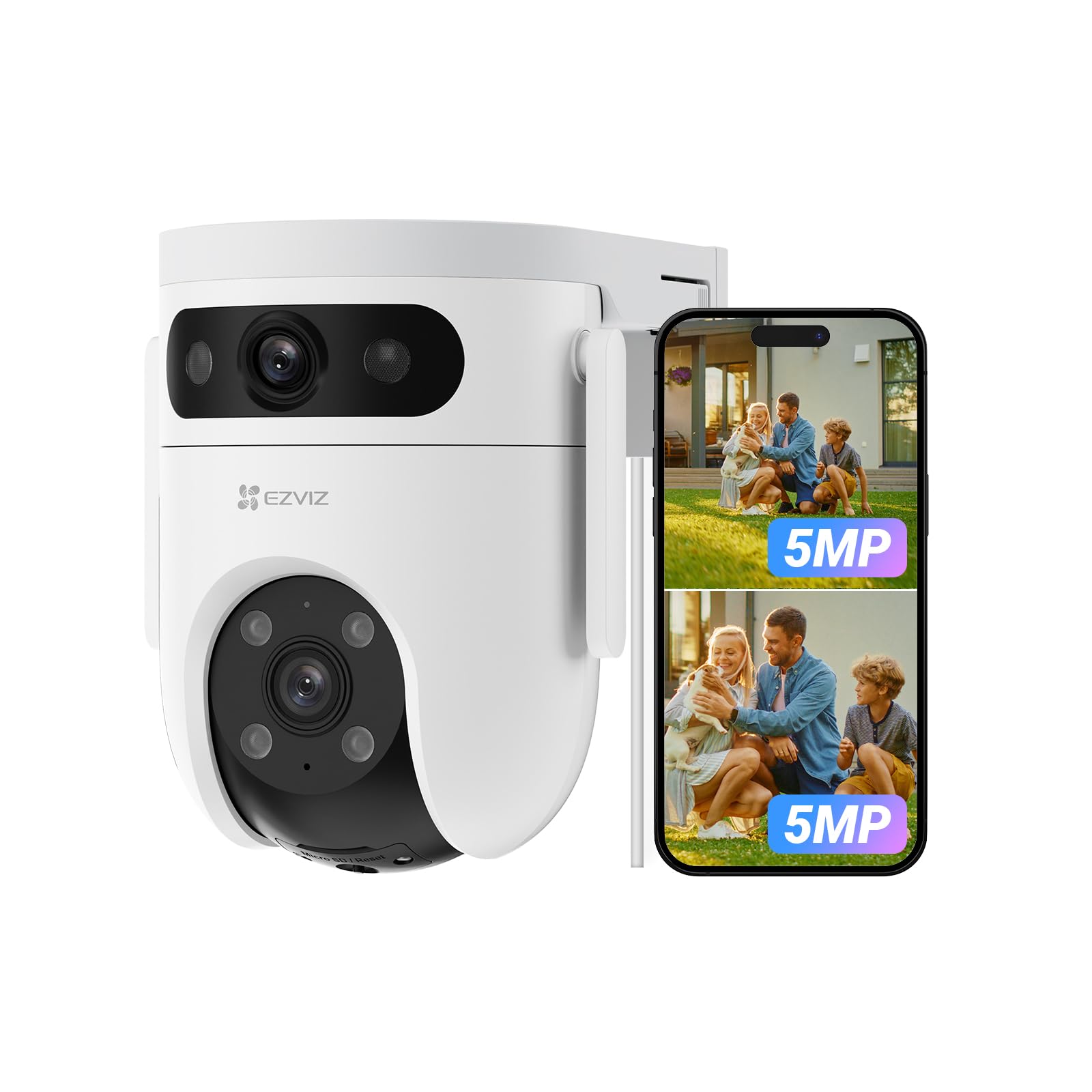 EZVIZ 3K+3K Outdoor Dual Len 360° Pan Tilt Camera, Auto Smart Tracking, Human/Vehicle Shape Detection, Color Night Vision, 2.4G/5G Dual Band WiFi, Two Way Talk, Up to 512 GB MicroSD Card (H9c 5MP)