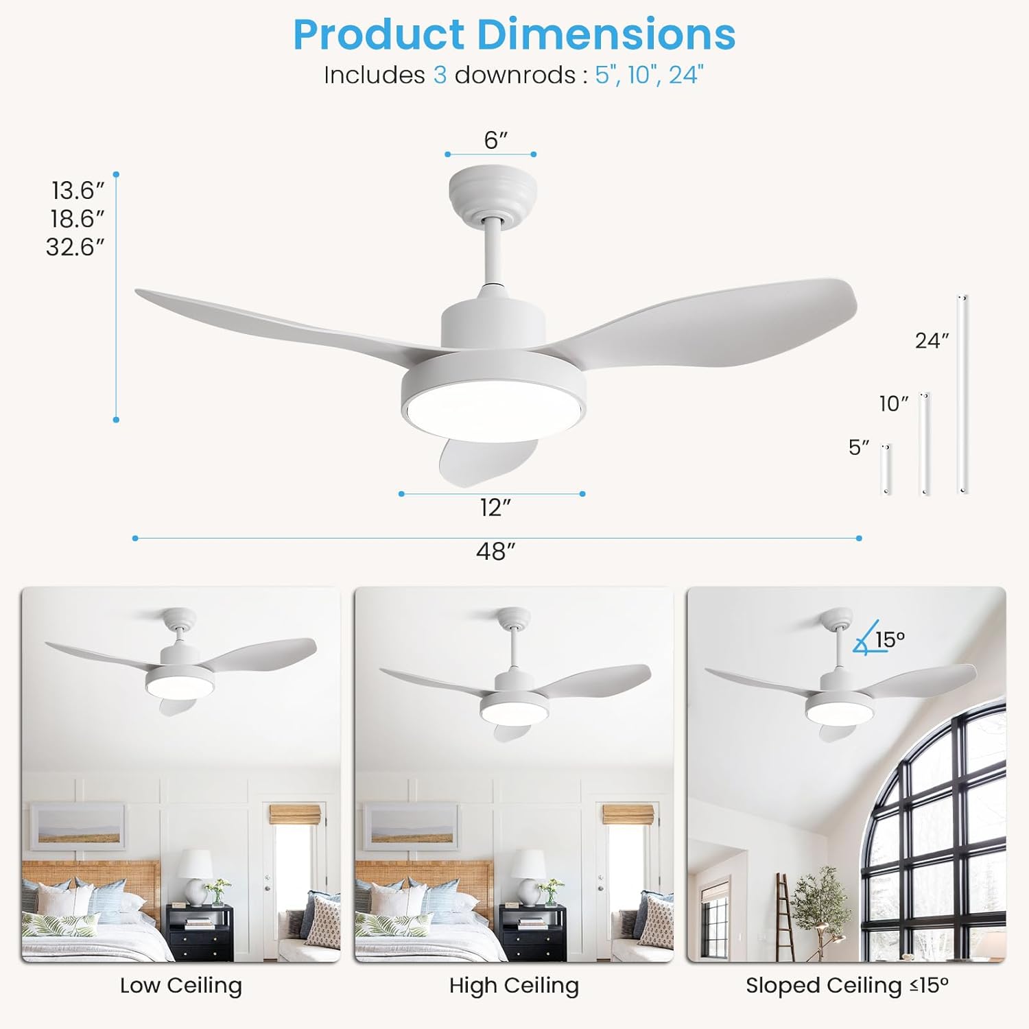CACI Mall 48 inch Ceiling Fans with Lights, Low Profile Flush Mount Modern White LED Ceiling Fan with Remote and Reversible DC Motor, for Indoor/Outdoor/Bedroom/Living Room/Patio