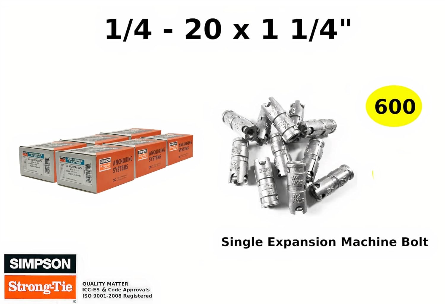(Qty 600) 1/4” Expansion Shield Anchors Single Expansion Machine Bolt Anchor Zamac Alloy 6/Box