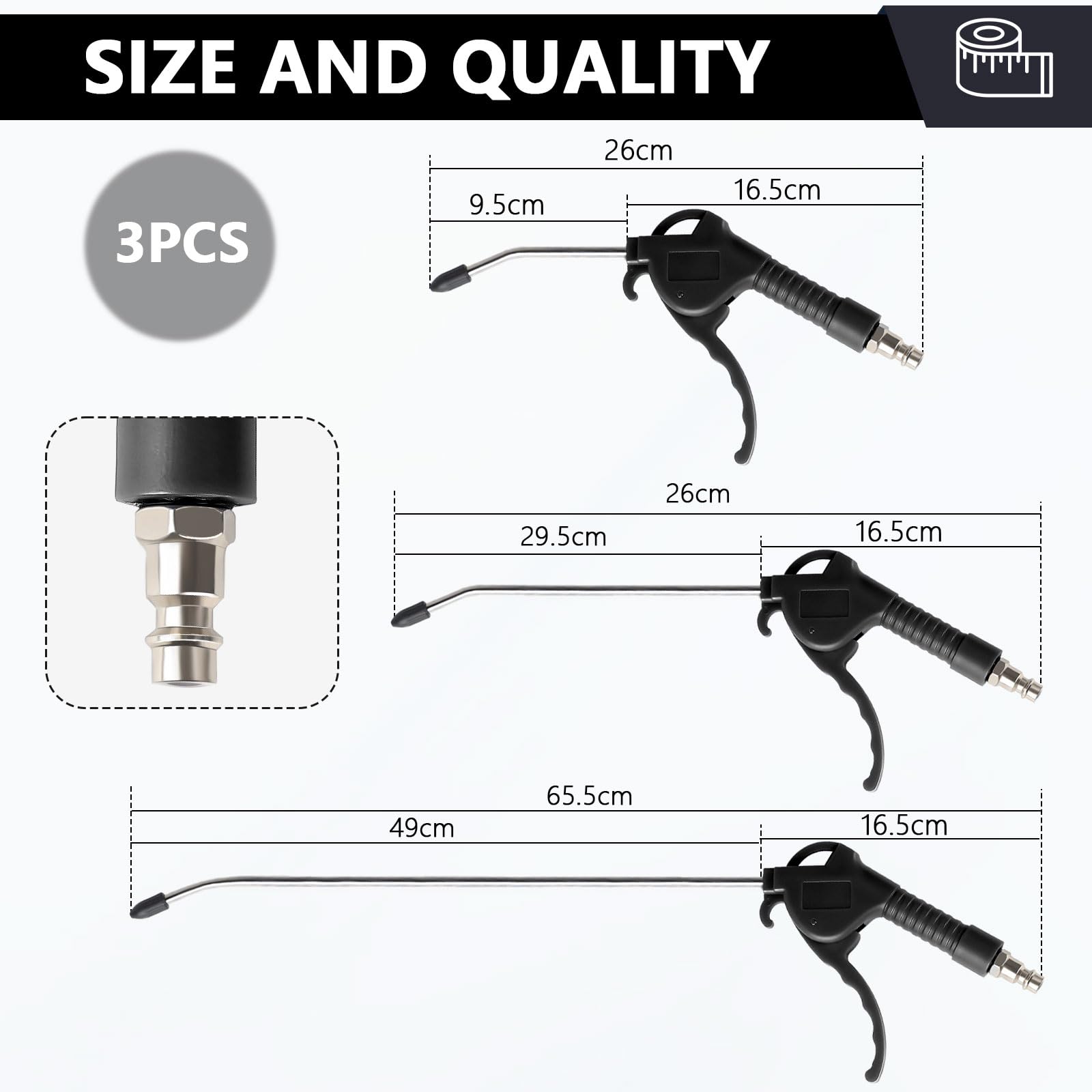 EXLECO 3 X Soufflette Air Comprimé Bec Long Soufflette Compresseur 95mm 295mm 490mm Pistolet Air Comprimé Long Pistolet Compresseur Air avec Raccord 1/4" Accessoires Compresseur D'air Max. 8 Bar Noir
