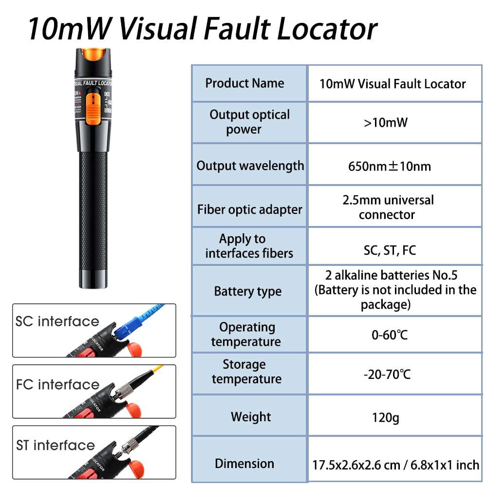 10mW Localisateur Visuel de Défauts, Photomètre Fibre Optique FTTH -70 dBm à +6 dBm, Testeur fibre optique