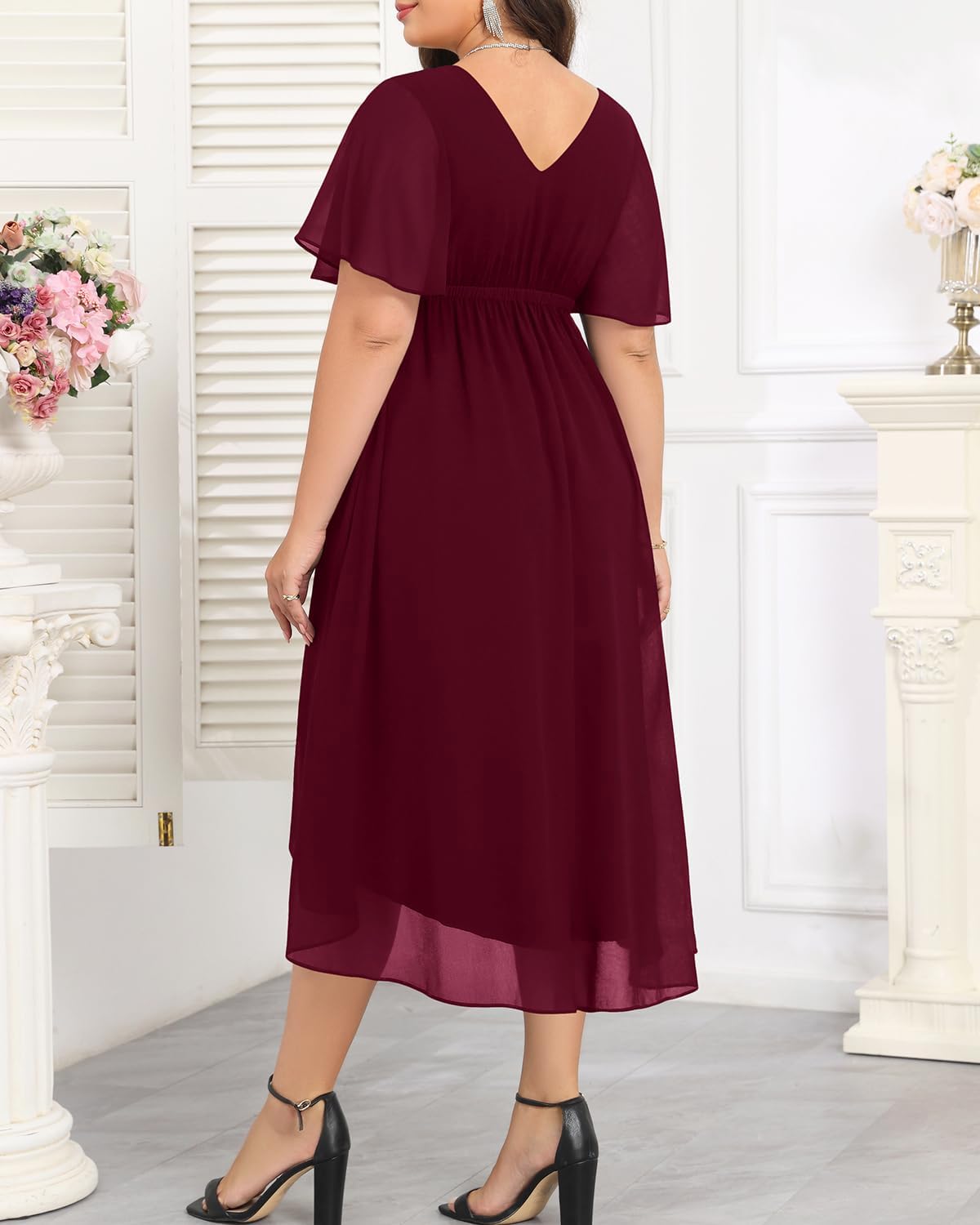 Plus Size Dresses Wedding Guest - Formal Cocktail Chiffon Appliques V Neck Ruffle Short Sleeve High Low Dress Women - Image 5