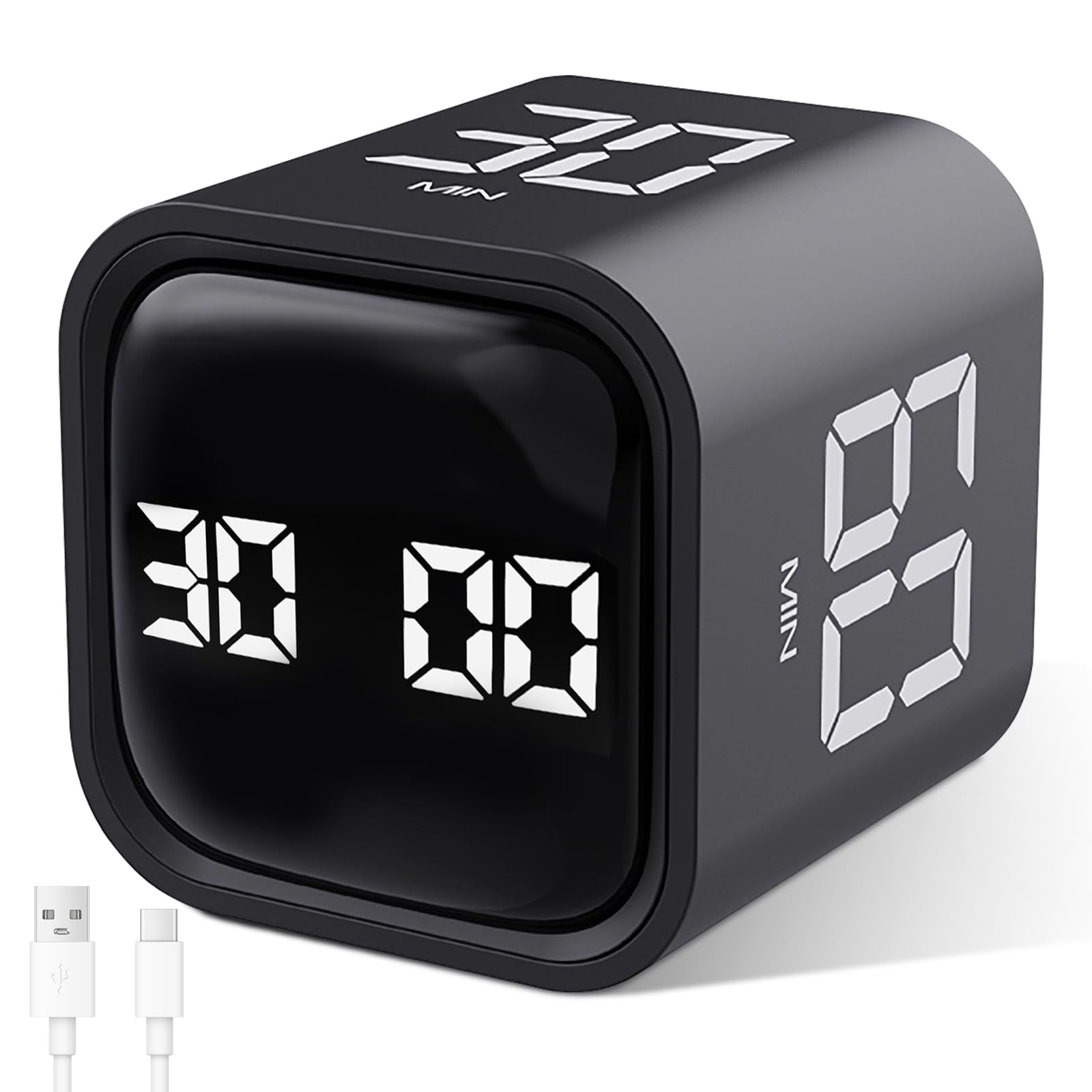 GuDoQi Multi-Function Cube Timer, 5/10/30/60 Min & Custom Count Down, Included Pause & Resume Feature, Silent, Vibrate & Adjustable Sound Alarm for Productivity in Tasks, Study & Kitchen, Black
