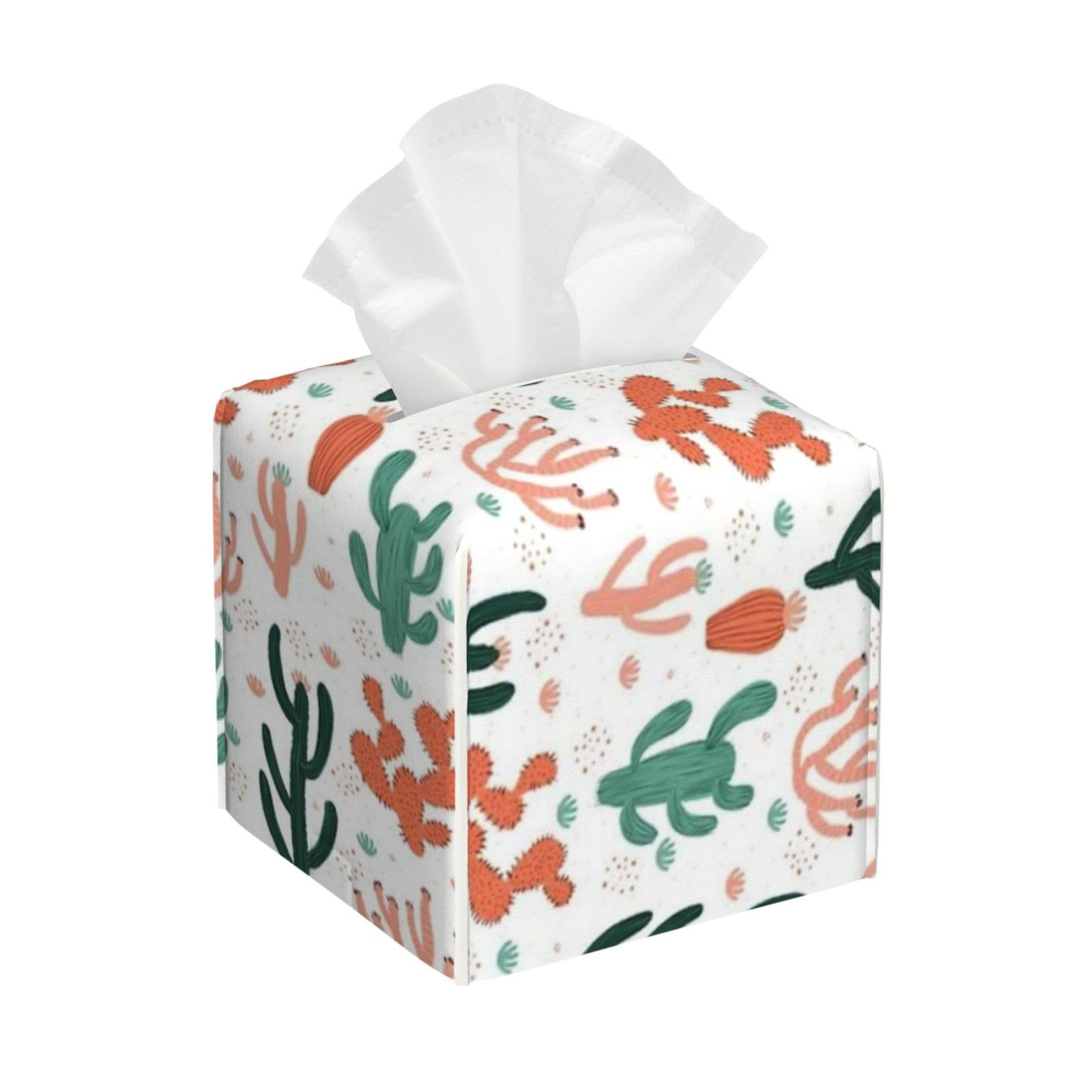 Cactus Pattern Tissue Box Cover 5" Square Leather Tissue Holder Facial Tissue Case for Tabletop Bedroom Bathroom Desk Decor