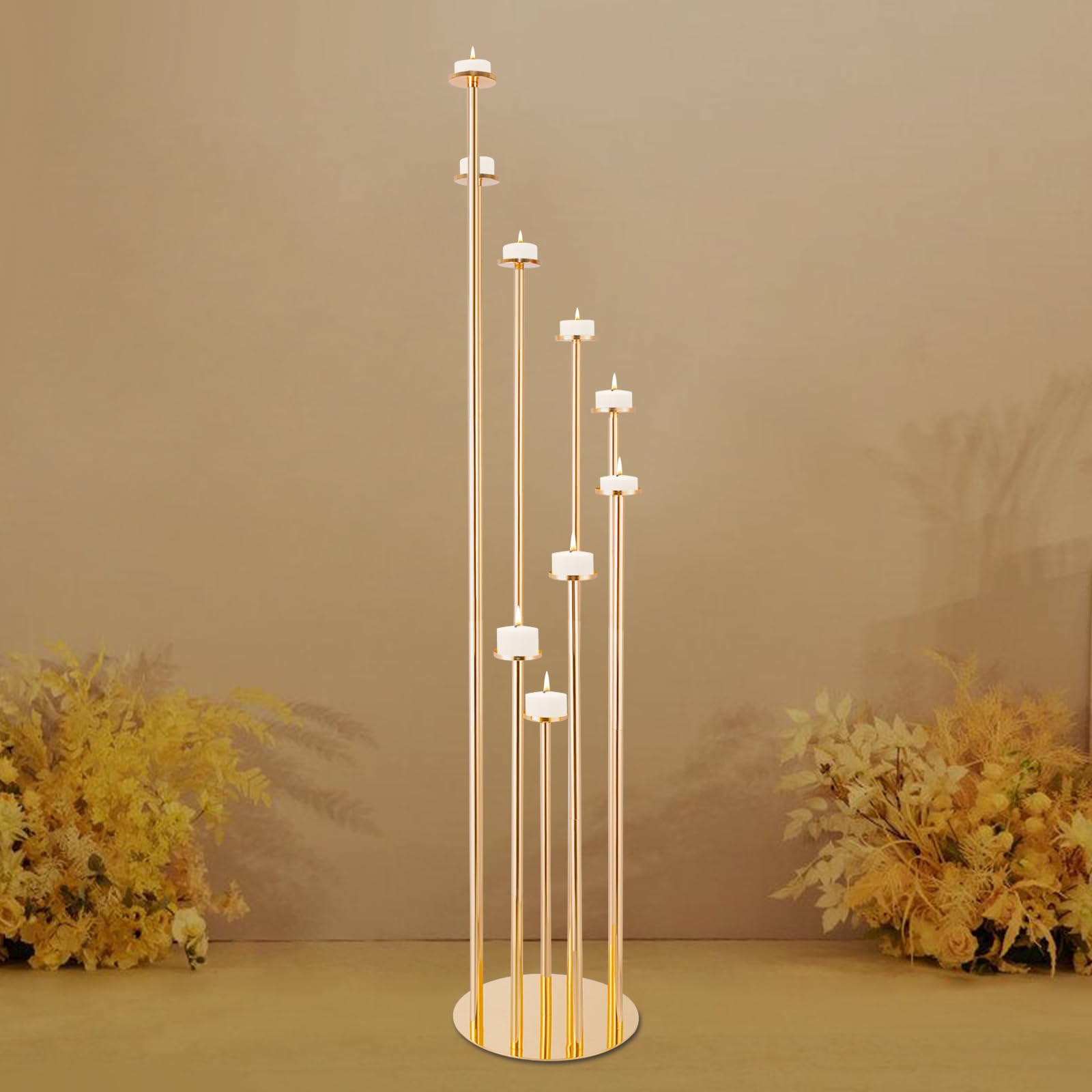 Bougeoir doré à 9 bras en métal - 40 cm à 120 cm - Pour décoration de mariage, fête, décoration de table