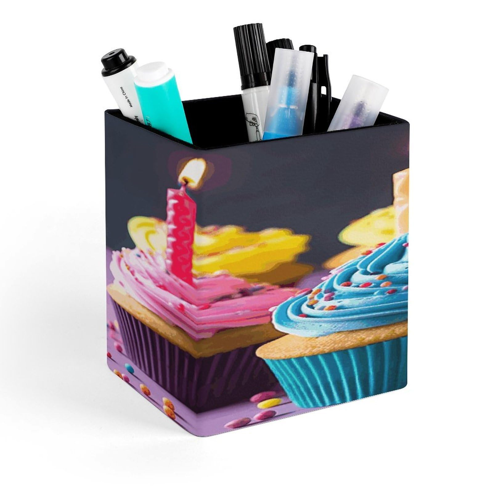 JTREHY Colorful Happy Birthday Cupcakes Pen Holder Square Pen Pencil Holder Makeup Brush Holders Cup PU Leather Pencil Cups Desktop Caddy Stationery Organizer Case Office Accessories Container Box