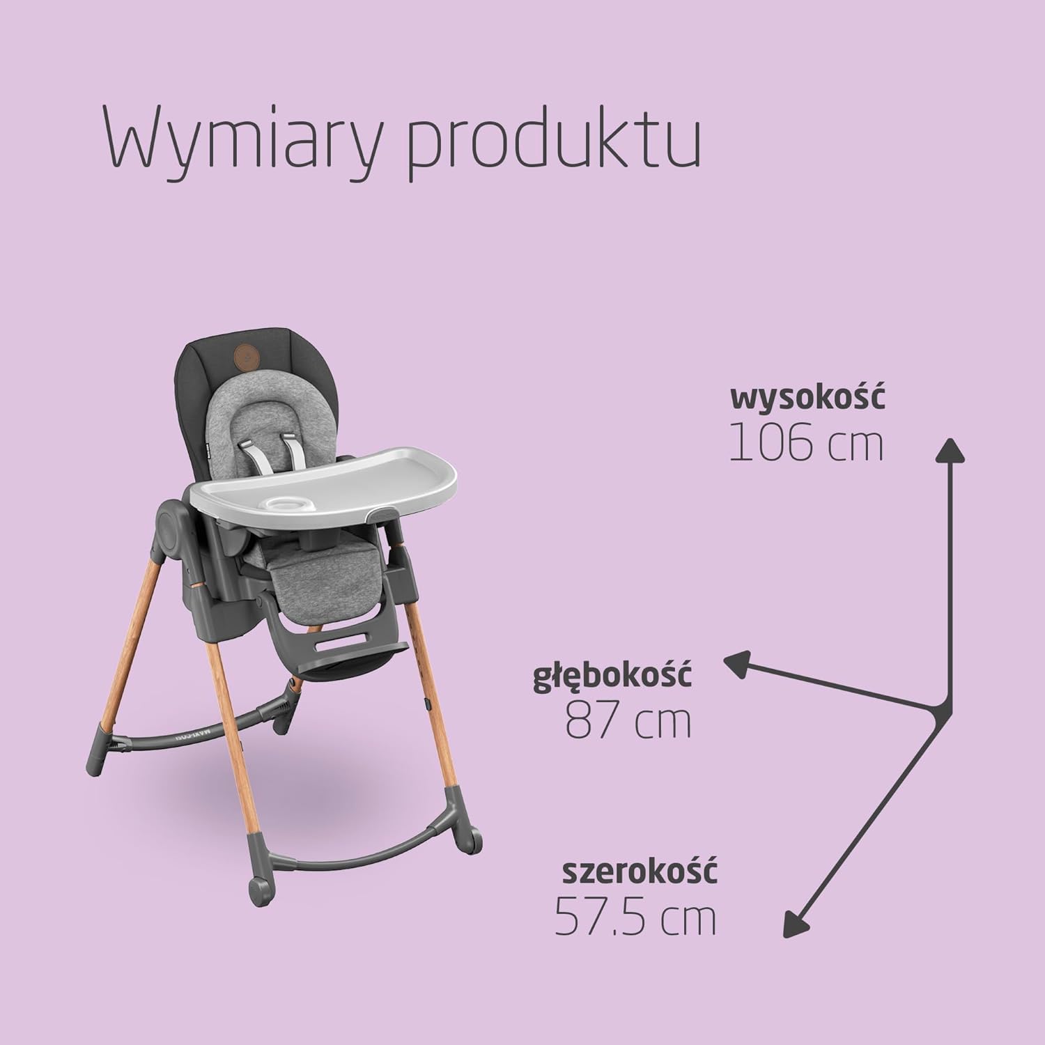 Maxi-Cosi Minla Krzesełka do Karmienia, 0–14 lat, do 60 kg, Wysokie krzesełko, 9 wysokości, 5 pozycji odchylenia, 4 pozycje tacy, Kompaktowe składanie, Regulowany podnóżek, Essential Graphite