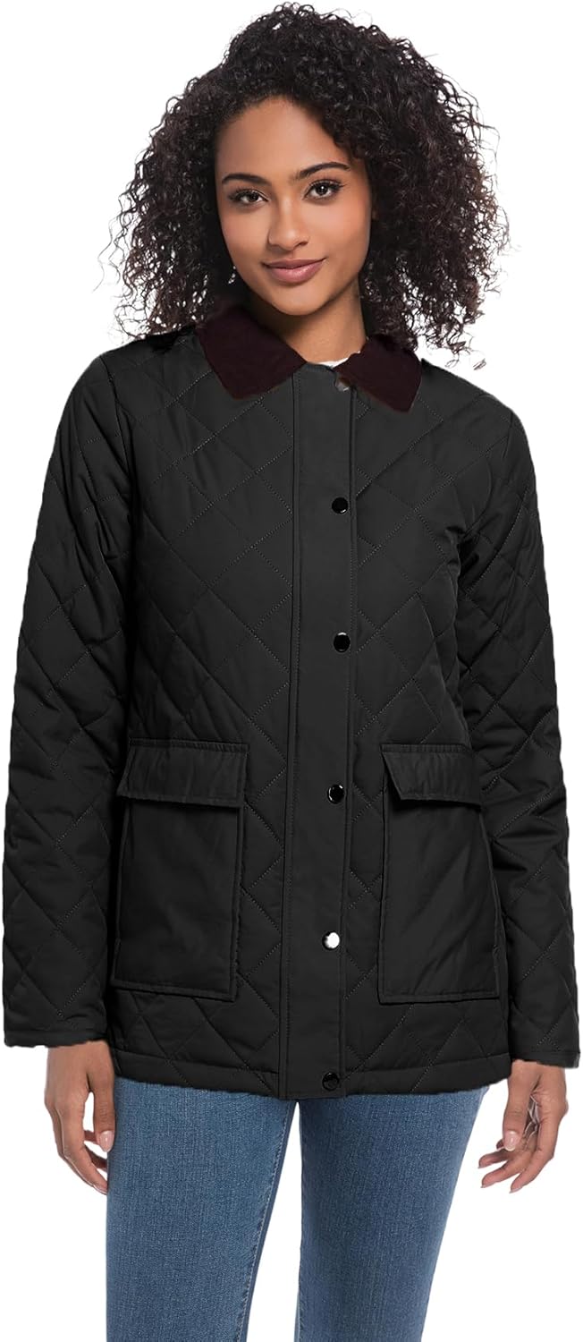 Quilted Barn Jacket for Women Corduroy Collar Lightweight Puffer Jackets Casual Winter Coat with Pockets - Image 3