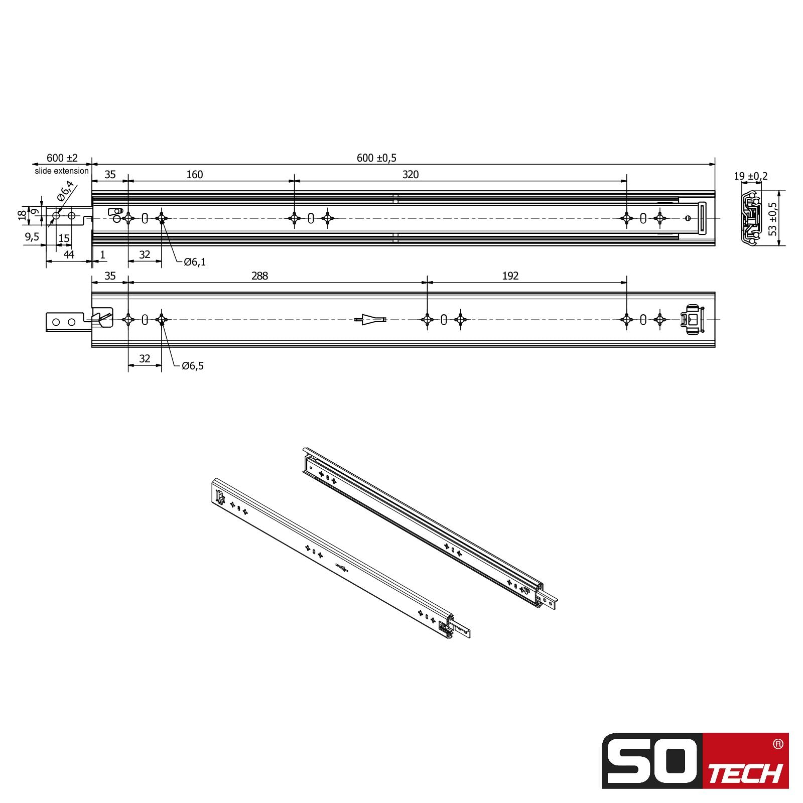 SOTECH VarioSlide Pat. Set completo di guide per cassetti KV2-100-H53-600 EH 600 mm fino a 100 kg, chiusura con una mano, anodizzato nero per cassetti senza frontale fino a 1200 mm di larghezza