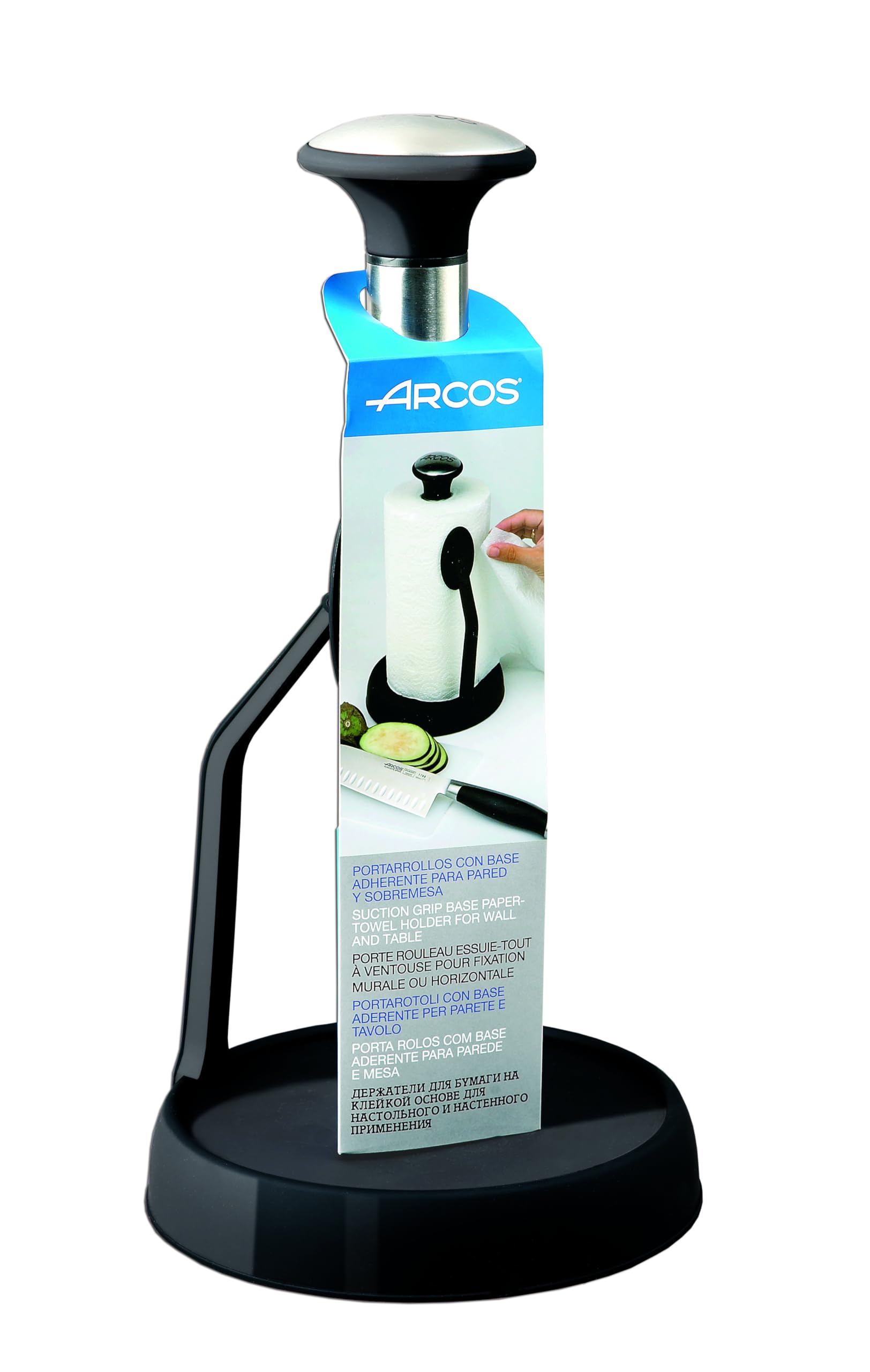 Arcos Portarrollos de Cocina Adherente - Acero Inoxidable y ABS, Instalación en Pared o Sobremesa, 280 mm Altura, 150 mm Base, Negro - Accesorios de Cocina Calidad Arcos