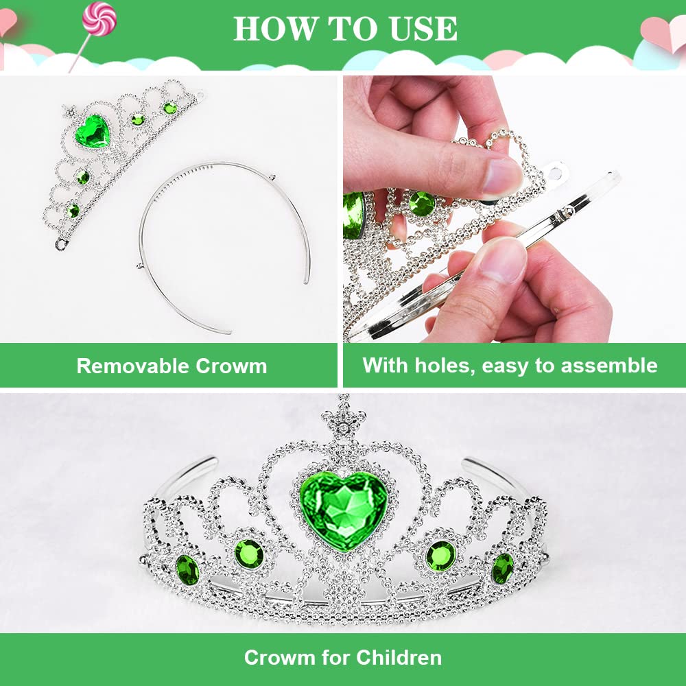 Vicloon 3PCS Nuovi Costumi da Principessa, Principessa Corona, Bastone da Neve Principessa, Collana di Flanella Nera con Pendente, Principessa Partito Costume Cosplay Vestire (Verde)