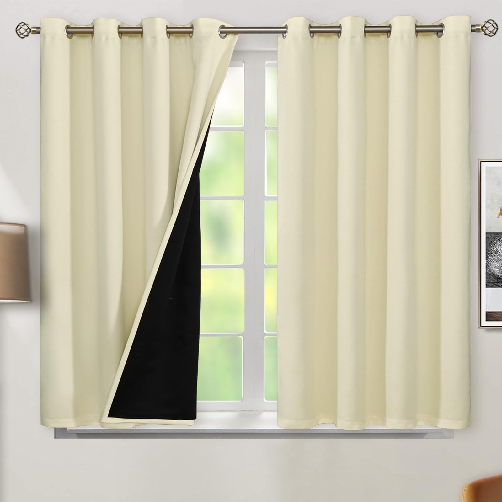 BGment Thermal Insulated 100% Blackout Curtains for Bedroom with Black Liner, Double Layer Full Room Darkening Noise Reducing Grommet Curtain (46 x 54 Inch, Cream, 2 Panels)