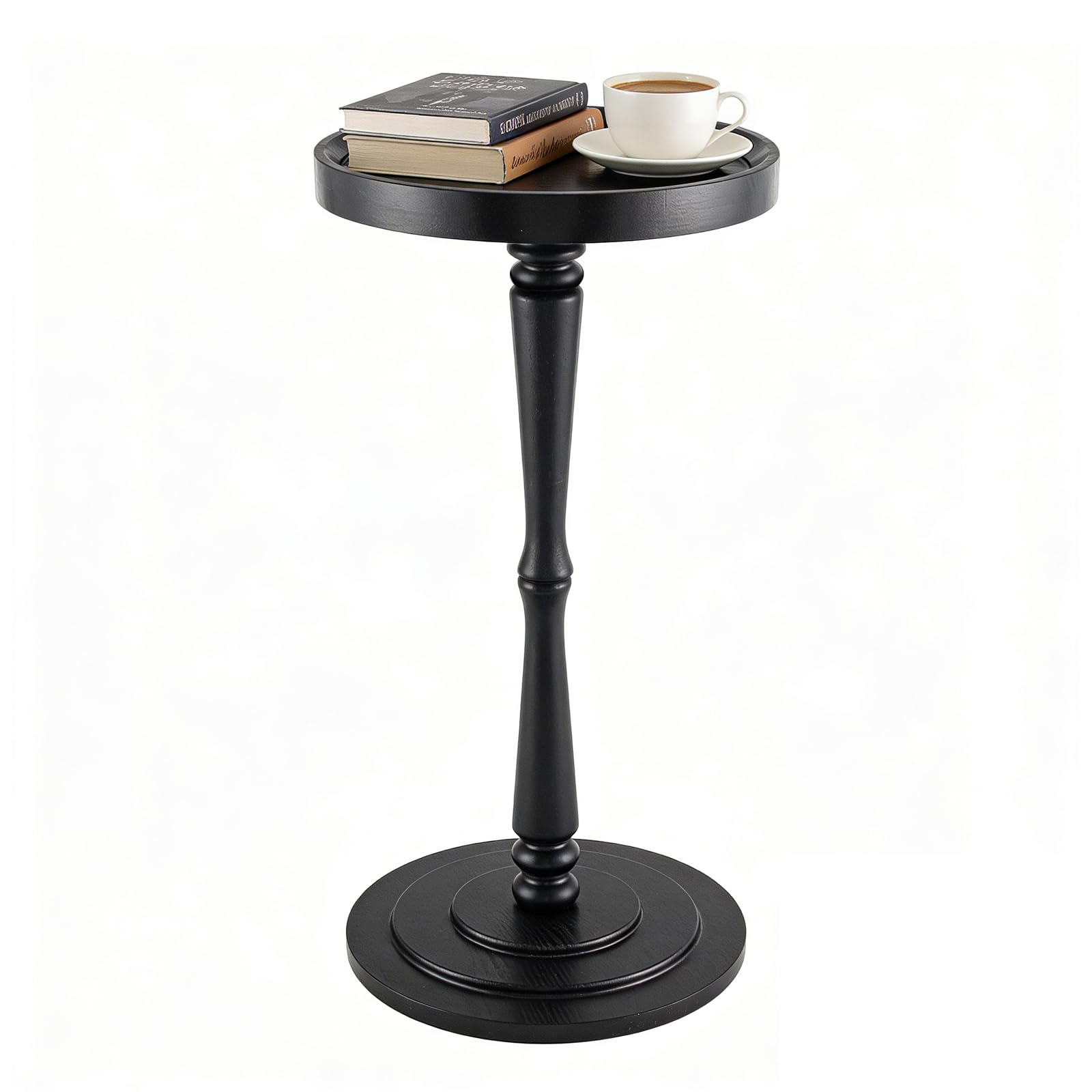 Simcat Round Side Table Bamboo Joint Design, Small Round Coffee Table for Small Spaces with Solid Wood Leg for Living Room, Bedroom, Corners, and Office (Black)