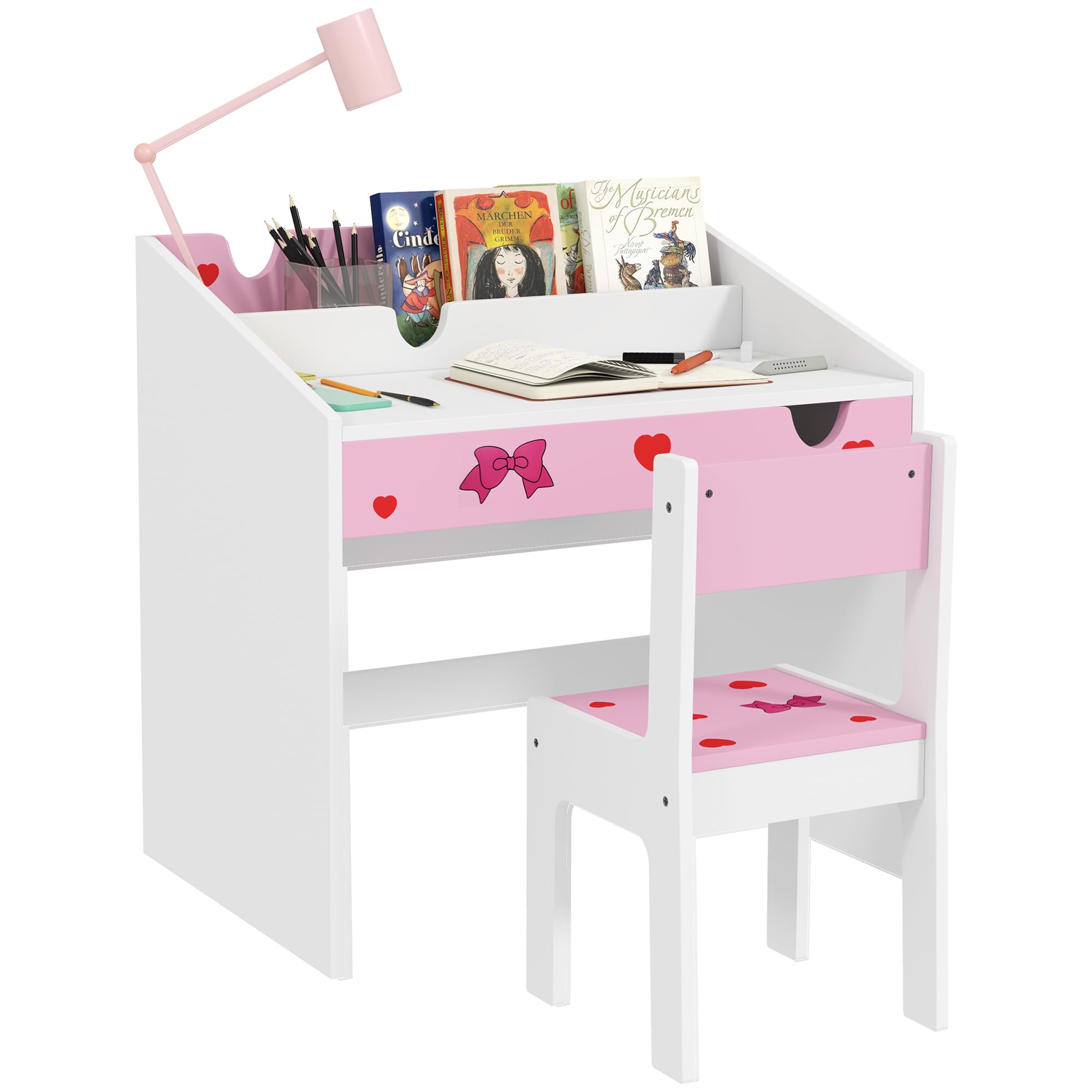 AIYAPLAY Juego de Escritorio y Silla para Niños de +3 Años Pupitre Infantil con Cajón Extraíble y Compartimento para Dormitorio Sala Estudio Rosa y Blanco
