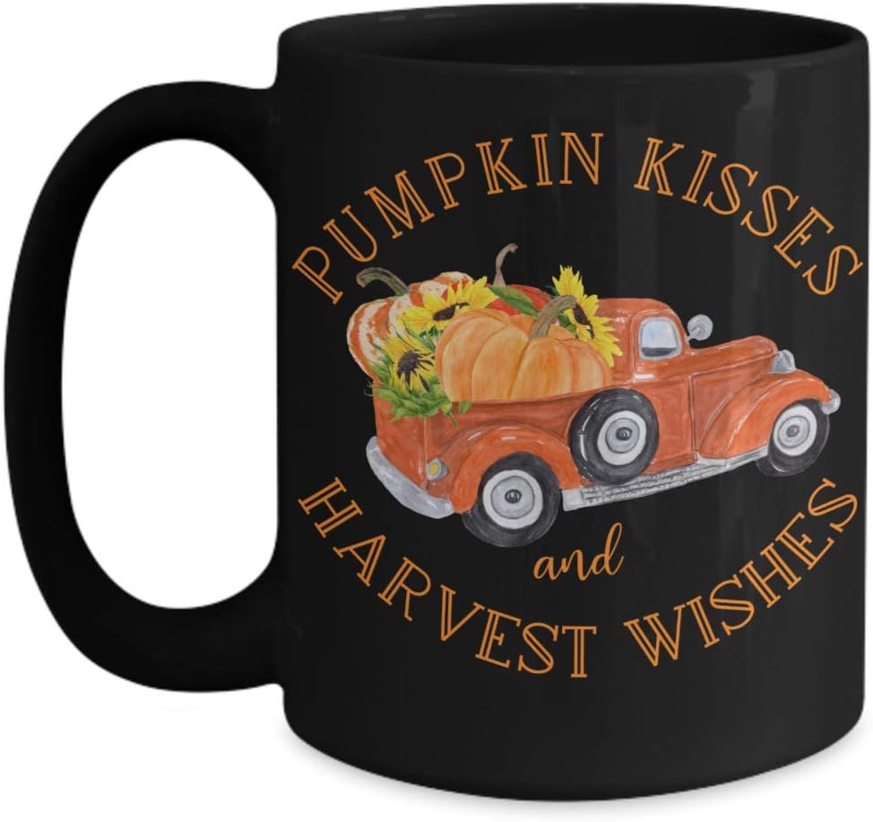Pumpkin Kisses and Harvest Wishes Black Fall Mug Sunflower Themed Gifts Autumn Coffee Cup for Women Mugs