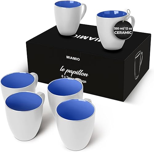 MIAMIO - Juego de 6 tazas de café de gres de 12 onzastaza - Colección Le Papillon (blanco-azul)