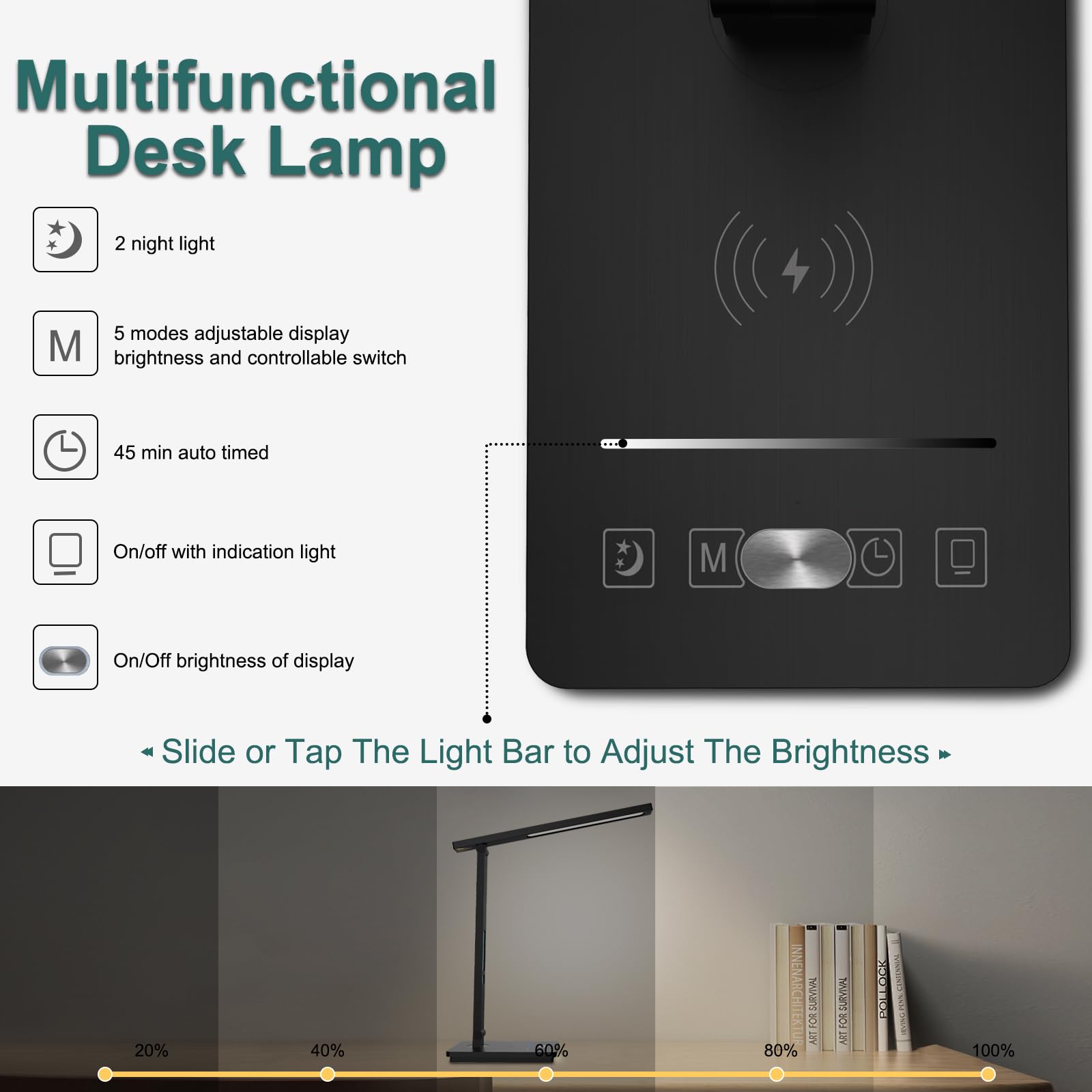 Lámpara de escritorio inteligente 10 en 1, luz de escritorio para Colleage Drom Room Office, lámpara de mesa con luz nocturna, lámpara para escritorio con cargador inalámbrico de 10 W, lámpara táctil 5