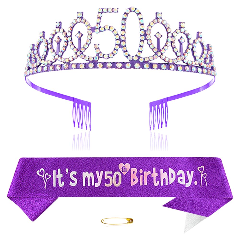 Purple 50th Birthday Tiara Sash for Girls Princess Crown Crystal Queen Tiara Birthday Headbands Happy Birthday Decorations Birthday Sash Tiara Kit Girl Birthday Clothing Accessories Party Supplies