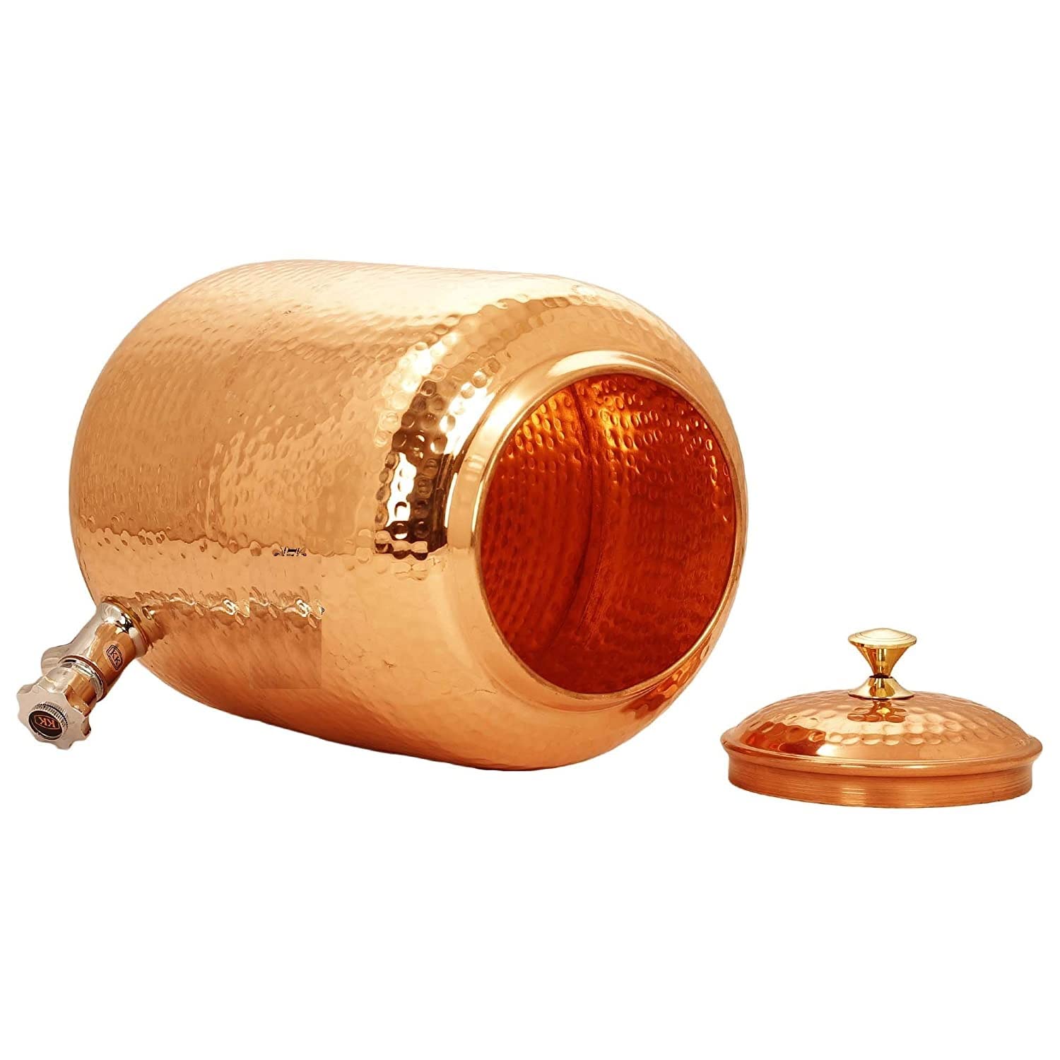Golden Drops Distributeur d'eau en cuivre martelé pur avec robinet et support – Pichet à matka de 5 litres avec 2 verres martelés, marron