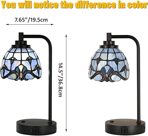 Miniatura 5 de TL0016 Tiffany - Lámpara de mesa con 2 puertos de carga USB, lámpara de escritorio con pantalla de vidrio manchado barroco azul, mesita de noche