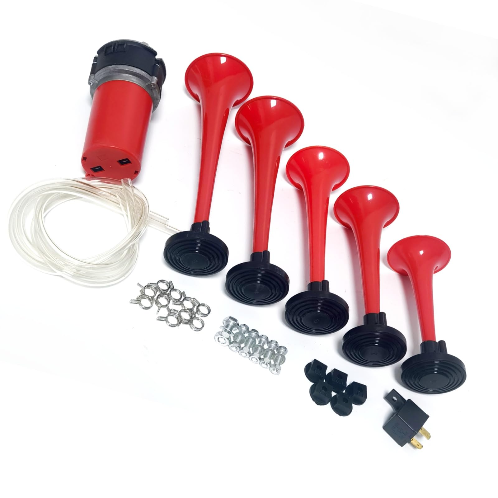 Klaxon à air trompette Klaxon de voiture 12V Air Horn Trompette musicale 165db Corne d'alarme Cinq tubes Dixie rouge étanche avec pompe à air haut-parleur Car Horn pour 12V bateau camion etc