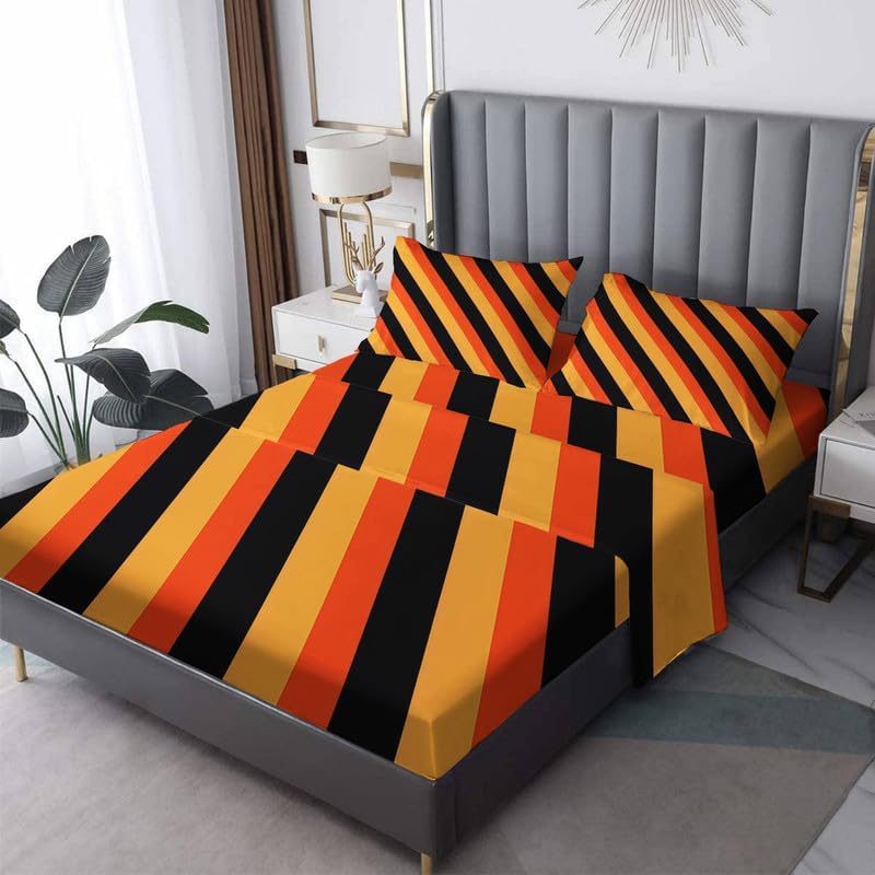 Juego de sábanas de tamaño King sábanas a rayas, color naranja quemado y negro, sábanas y fundas de almohada, microfibra suave, bolsillo profundo y