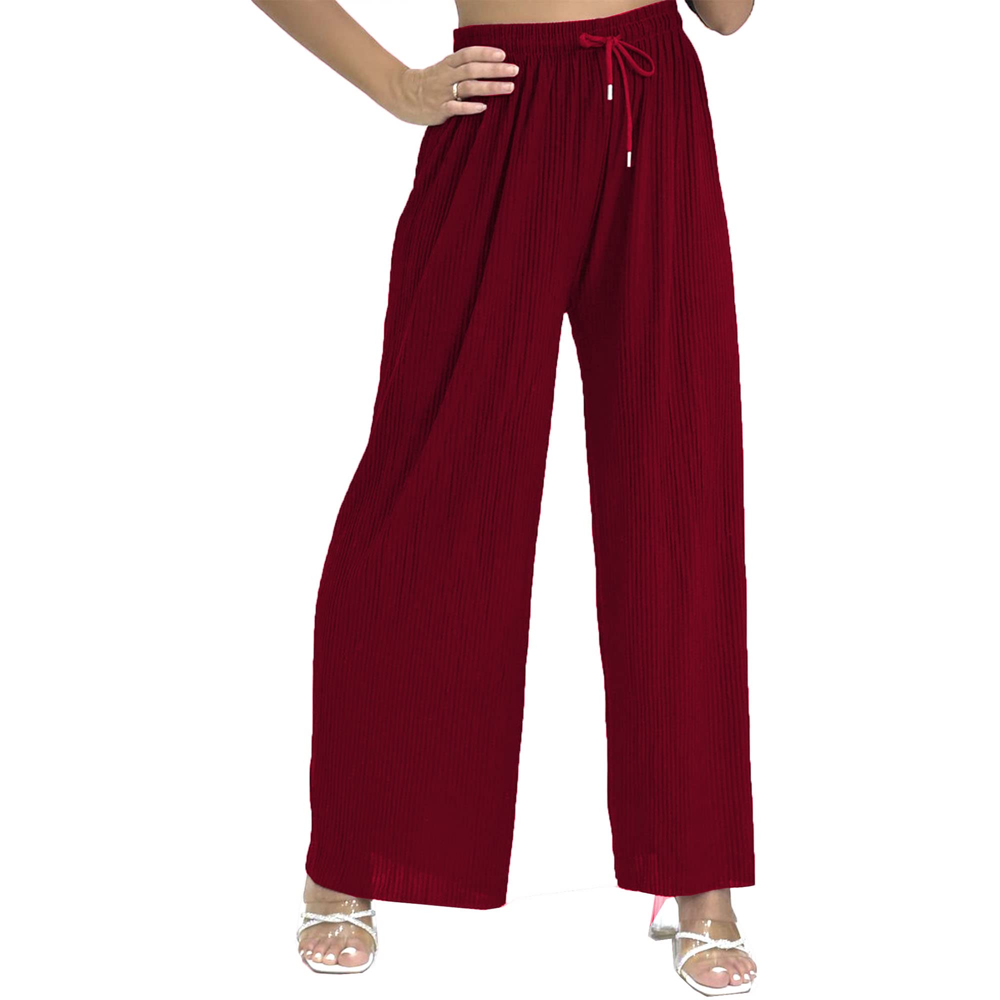 Women's Textured Ribbed Relaxed Wide Leg Smart Casual Palazzo Trousers (as8, Alpha, l, x_l, Regular, Regular, Wine)
