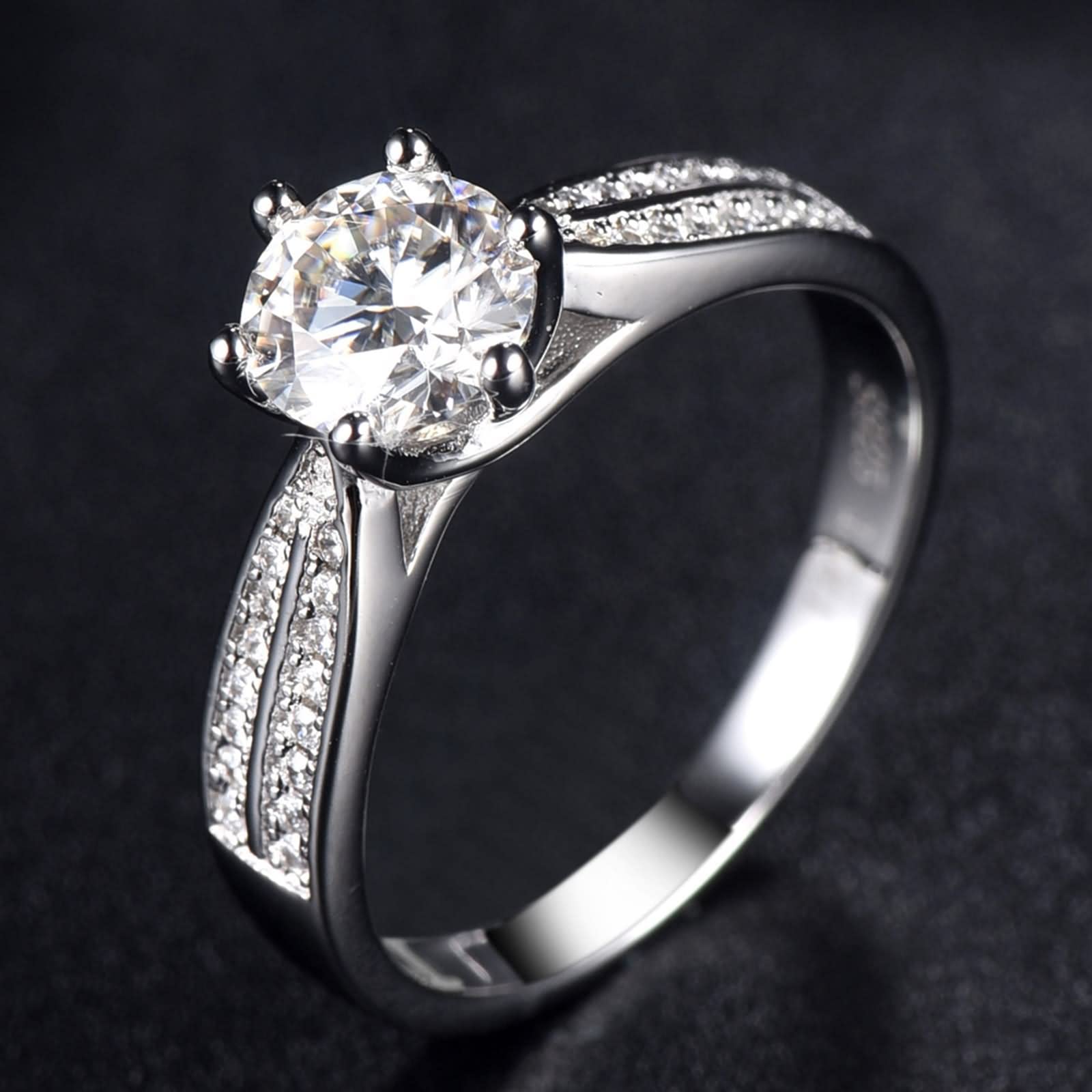Juego de Anillos de Compromiso, Anillos Plata Mujer Diseño de Solitario de 6 Puntas. con Blanco Redonda Moissanita Plata de Ley 925